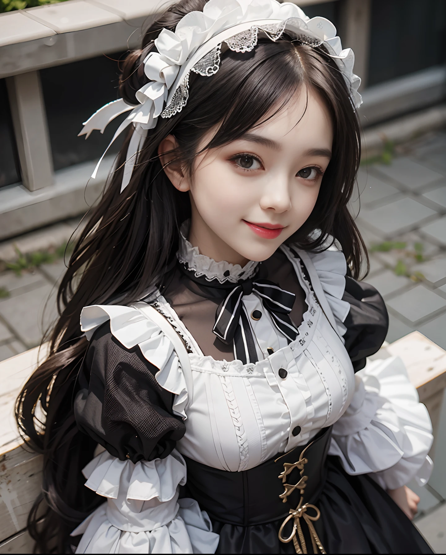 １girl with、9th class、Look at the viewer、smil、gothic lorita、White and black fluffy outfit、Just cute、Shot from above the head、