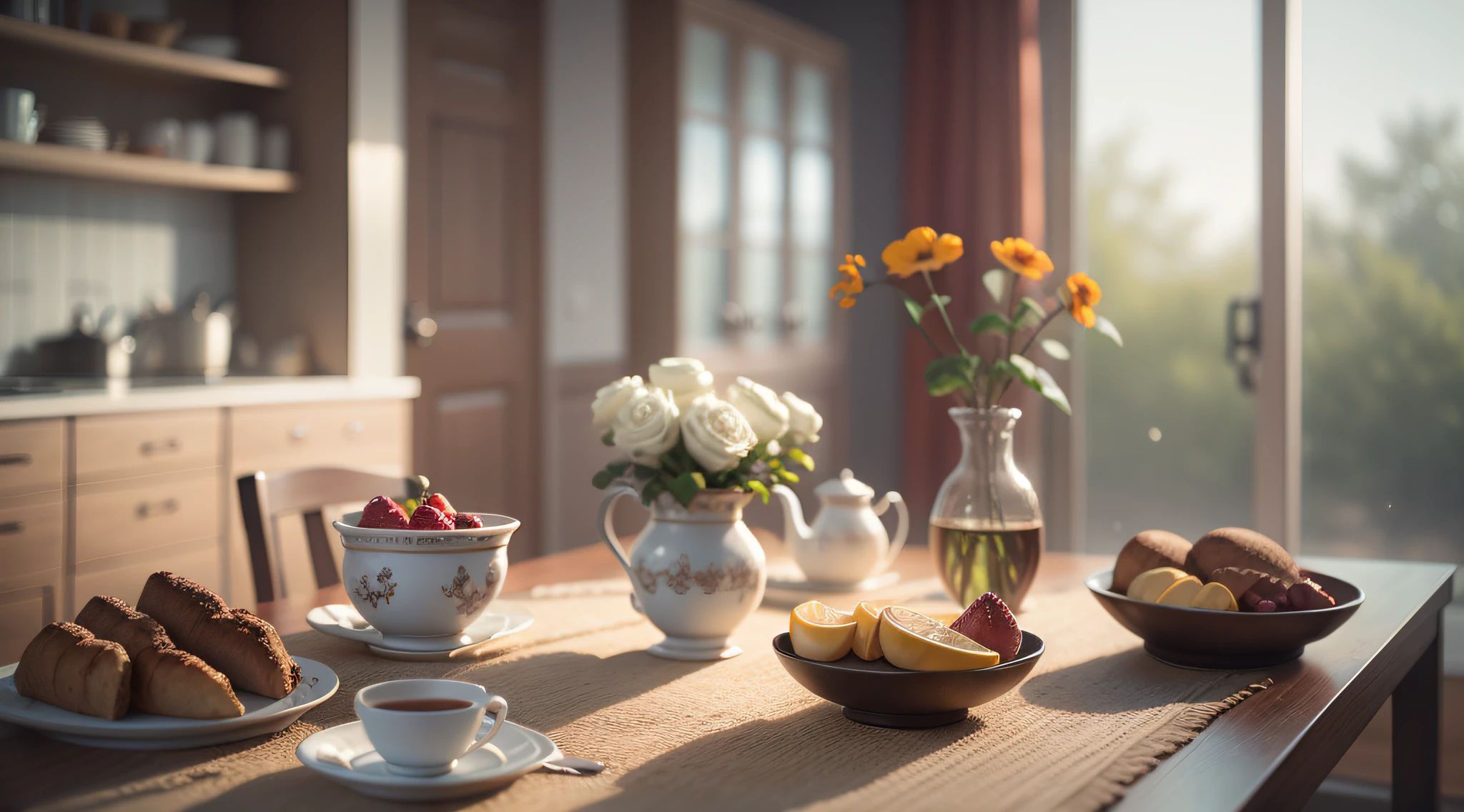High-detail RAW color photography, A modern dining room with a Provence-style breakfast bar, (higly detailed, hyper-detailing, Entanglement), (lens glare: 0,7), (bloom: 0,7), particle fx, ray traced, 电影灯光, Shallow depth of field, photographed with Sony a9 II, 50mm wide angle lens, sharp-focus