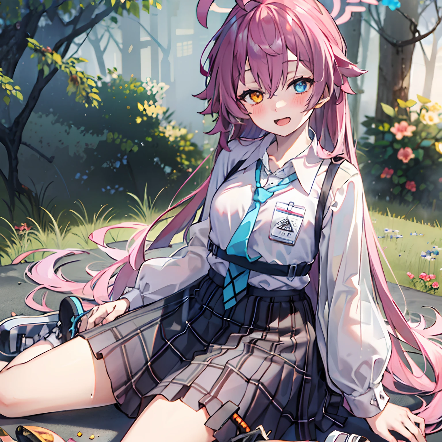 1girl, hoshino (blue archive), solo, heterochromia, pink hair, skirt, long hair, necktie, ahoge, shirt, halo, plaid skirt, blue eyes, plaid, looking at viewer, white shirt, sitting, orange eyes, chest harness, harness, long sleeves, id card, open mouth, very long hair, collared shirt, smile, blue necktie, bangs, feet out of frame, between legs, hand between legs, blush, hair between eyes, highres,masterpiece, best qualit