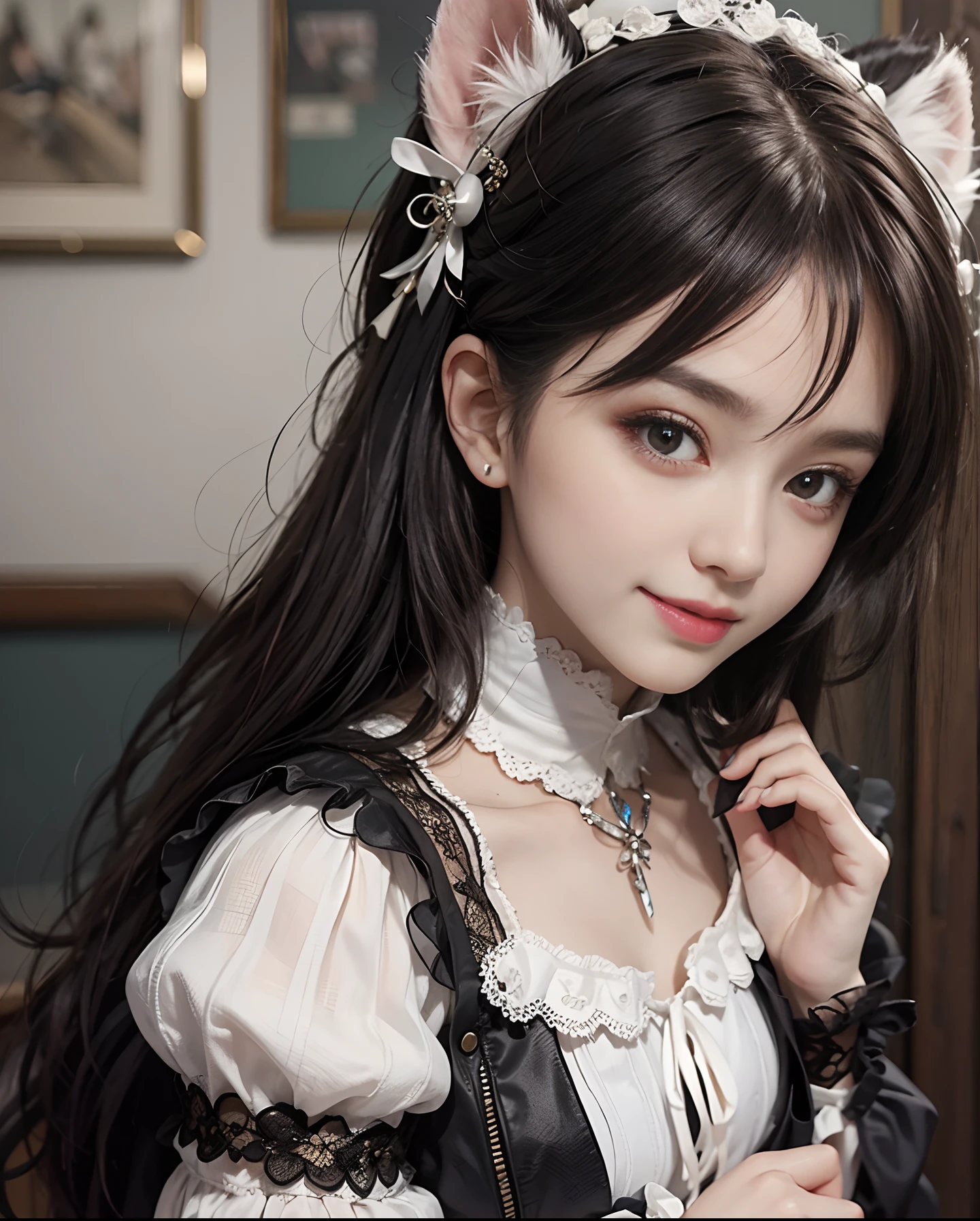 １girl with、9th class、Look at the viewer、smil、gothic lorita、White and black fluffy outfit、Just cute、Overhead shots、the skin is white and transparent、Paws are thin and beautiful,