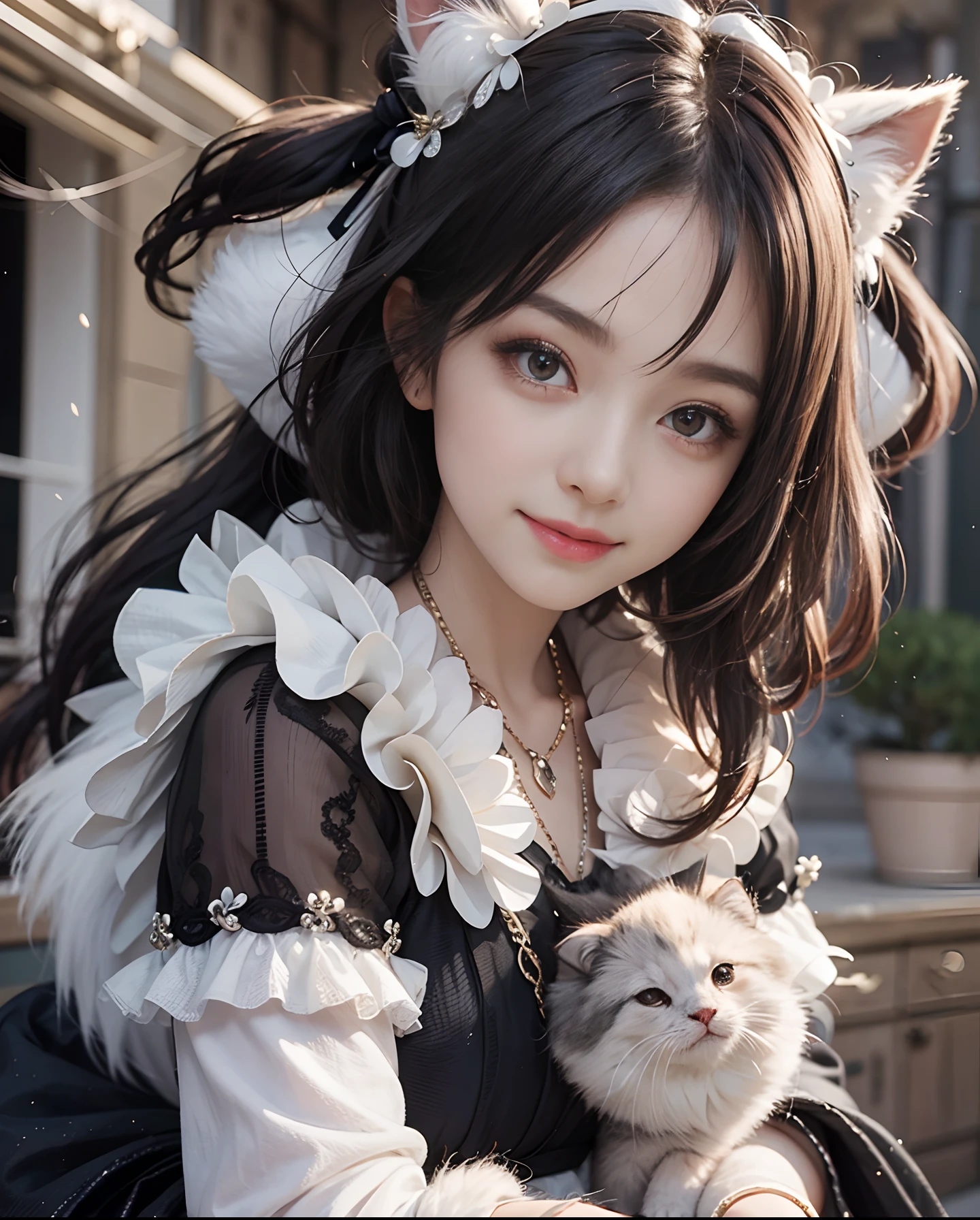 1girl with、9th class、Look at the viewer、smil、gothic lorita、White and black fluffy outfit、Just cute、Overhead shots、the skin is white and transparent、Paws are thin and beautiful,
