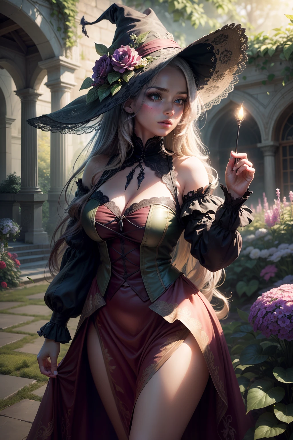 A girl in a garden, solo, wearing a wicked witch costume, with long hair flowing in the wind. The garden is bathed in volumetric light, creating a mystical atmosphere. The girl is the center of attention, her pose exuding confidence and power. Her eyes are beautifully detailed, drawing you in with their intensity. Her lips, also detailed, add to her mysterious allure. With a backdrop of vivid colors, the garden is filled with intricately detailed flowers and plants, creating a mesmerizing scene. The whole image is of the best quality, with ultra-detailed elements that make it visually stunning. The artwork is a masterpiece, with a resolution of 8k, ensuring every detail is captured. The realism of the image is enhanced by the use of photorealistic rendering techniques. The overall color tone is rich and vibrant, adding to the enchantment of the scene. The lighting is carefully crafted, with volumetric light rays streaming through the foliage, accentuating the girl and the garden.