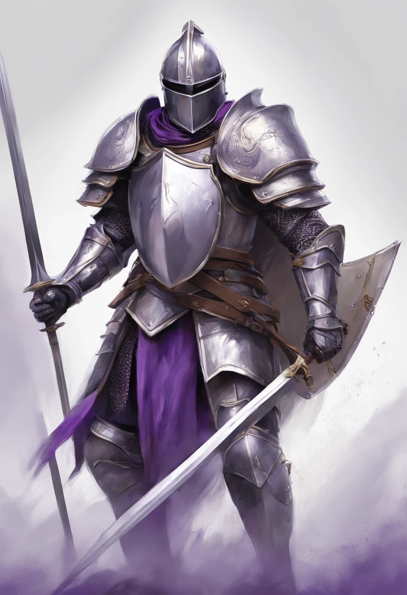 a drawing of a knight with a sword and shield in his hand, white and purple armor, warforged, knight, concept art of a warrior,fallen knight, wielding a sword and shield, armour merging with body, heavily armored, armored knight,Approaching perfection, Dynamic, Highly detailed, Smooth, Sharp Focus, 8K, hight resolution, Illustration, art by carne griffiths and wadim kashin, White background
