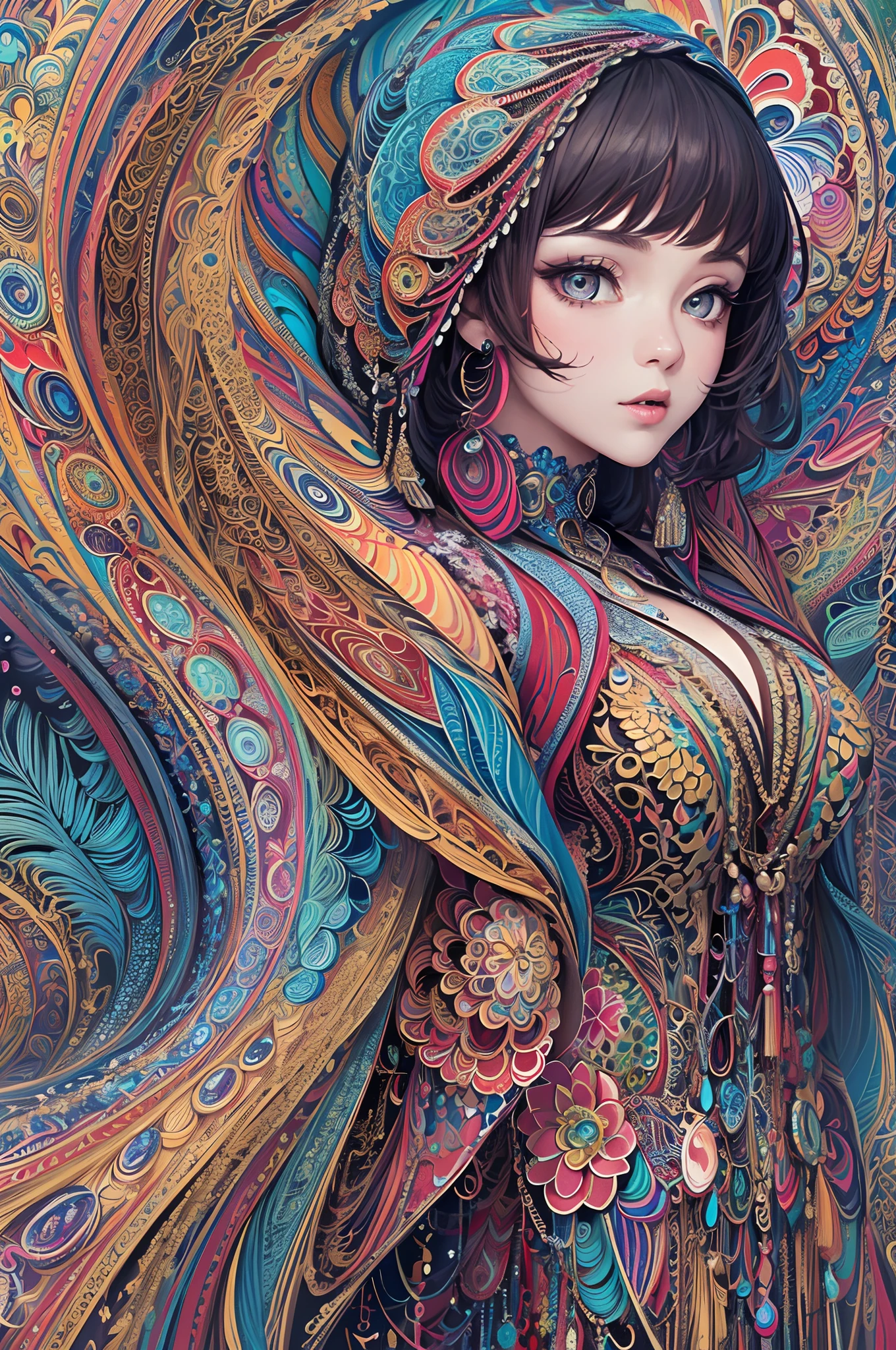 (masterpiece, top quality, best quality, official art, beautiful and aesthetic:1.2), (1girl:1.3), extremely detailed,(fractal art:1.2),colorful,highest detailed,(zentangle:1.2), (dynamic pose), (abstract background:1.5), (treditional dress:1.2), (shiny skin), (many colors:1.4), upper body