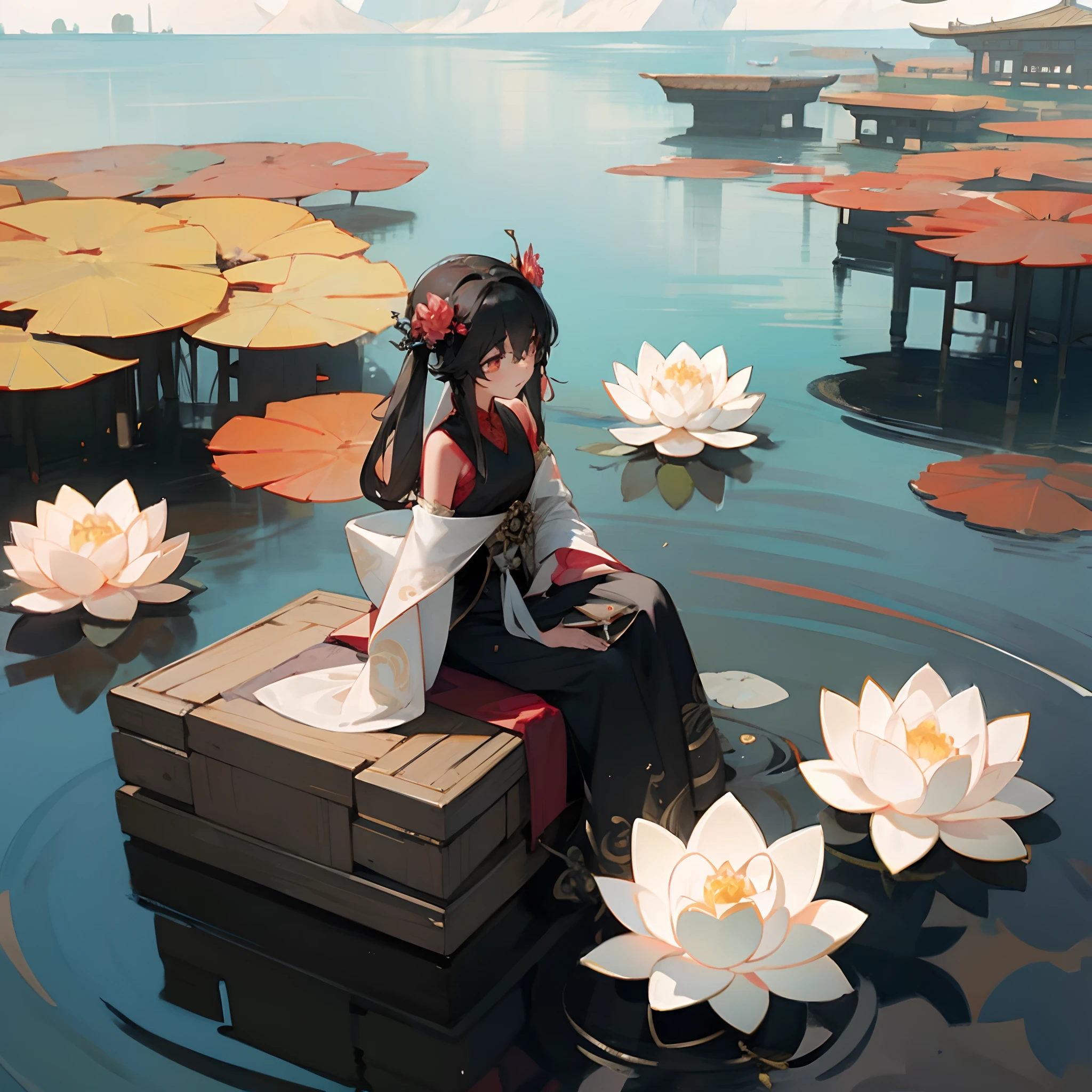 Ancient Chinese beauties sit on stones,wearing ancient Chinese costume,Hanfu,Flowing tulle,Light silk,Lazy posture,large lotus leaf,lotuses,Ink painting style,clean color,Decisive cut,Leave white space,impressionistic,tmasterpiece,ultra-detailliert,Epic composition, high qulity, HighestQuali, 4k --v 6