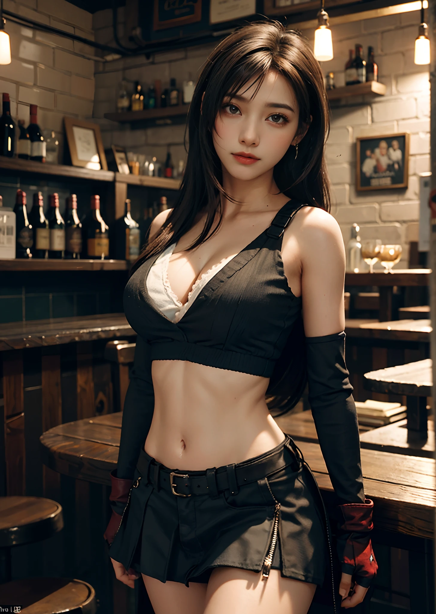 (realisticlying:1.4),top Quority,very fine and beautiful,A high resolution,1 girl sitting in a bar drinking,tifa_lockhart,ssmile,cowboy lens,Harnes,Low Waist,mini-skirts,vests,Tension shirts,brunette color hair,long whitr hair,gloves on the elbow,Beautiful detailed red eyes,Face light,cinmatic lighting,nabel,High exposure,Abdominal exposure,the ribs,Abs,(gigantic cleavage breasts:1.2),dynamicposes,dynamic angle,