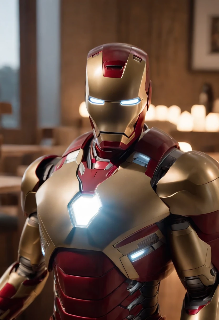 Marvel's somber half-length portrait of Iron Man behind a table with a plate of salchichas en trozos acompañado de papas fritas, with intricate angular cybernetic implants within a futuristic kitchen, cyberpunk, Foto premiada, Neon lights, cybernetic limb, obra maestra, UHD, 32K, ultrarrealista, HQ 4K, Renderizado en Unreal Engine 4K HQ, Renderizado en Unreal Engine 4K HQ, Arte conceptual 4K e hiperrealismo, Renderizado 4K detallado, Ironman, ArtStation 4K, Renderizado 4K de alto detalle, Tendencias 4K en la sede de ArtStation, Extremadamente fotorrealista
