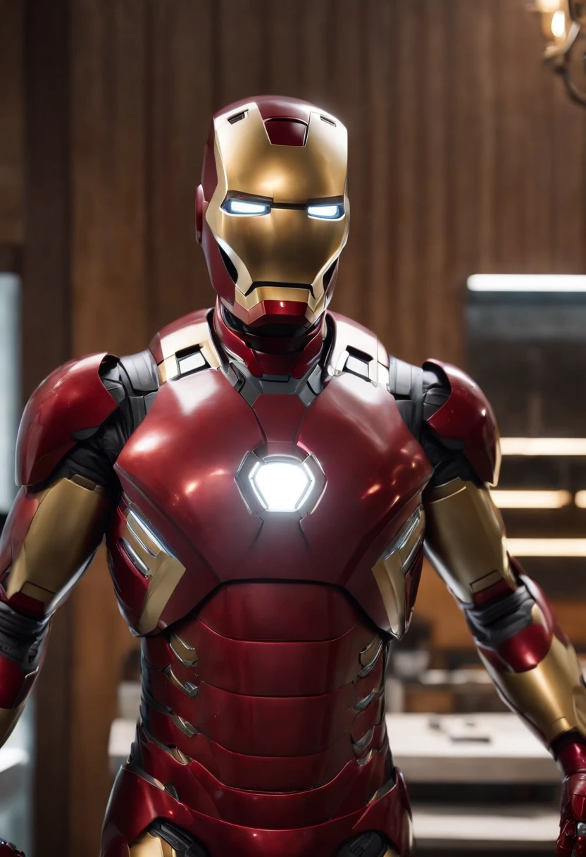 Marvel's somber half-length portrait of Iron Man behind a table with a plate of salchichas en trozos acompañado de papas fritas, with intricate angular cybernetic implants within a futuristic kitchen, cyberpunk, Foto premiada, Neon lights, cybernetic limb, obra maestra, UHD, 32K, ultrarrealista, HQ 4K, Renderizado en Unreal Engine 4K HQ, Renderizado en Unreal Engine 4K HQ, Arte conceptual 4K e hiperrealismo, Renderizado 4K detallado, Ironman, ArtStation 4K, Renderizado 4K de alto detalle, Tendencias 4K en la sede de ArtStation, Extremadamente fotorrealista