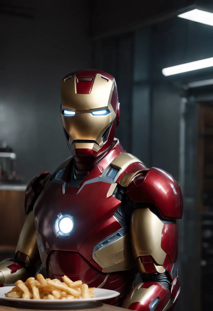 Marvel's somber half-length portrait of Iron Man behind a table with a plate of sausages, with intricate angular cybernetic implants within a futuristic kitchen, cyberpunk, Foto premiada, Neon lights, cybernetic limb, obra maestra, UHD, 32K, ultrarrealista, HQ 4K, Renderizado en Unreal Engine 4K HQ, Renderizado en Unreal Engine 4K HQ, Arte conceptual 4K e hiperrealismo, Renderizado 4K detallado, Ironman, ArtStation 4K, Renderizado 4K de alto detalle, Tendencias 4K en la sede de ArtStation, Extremadamente fotorrealista