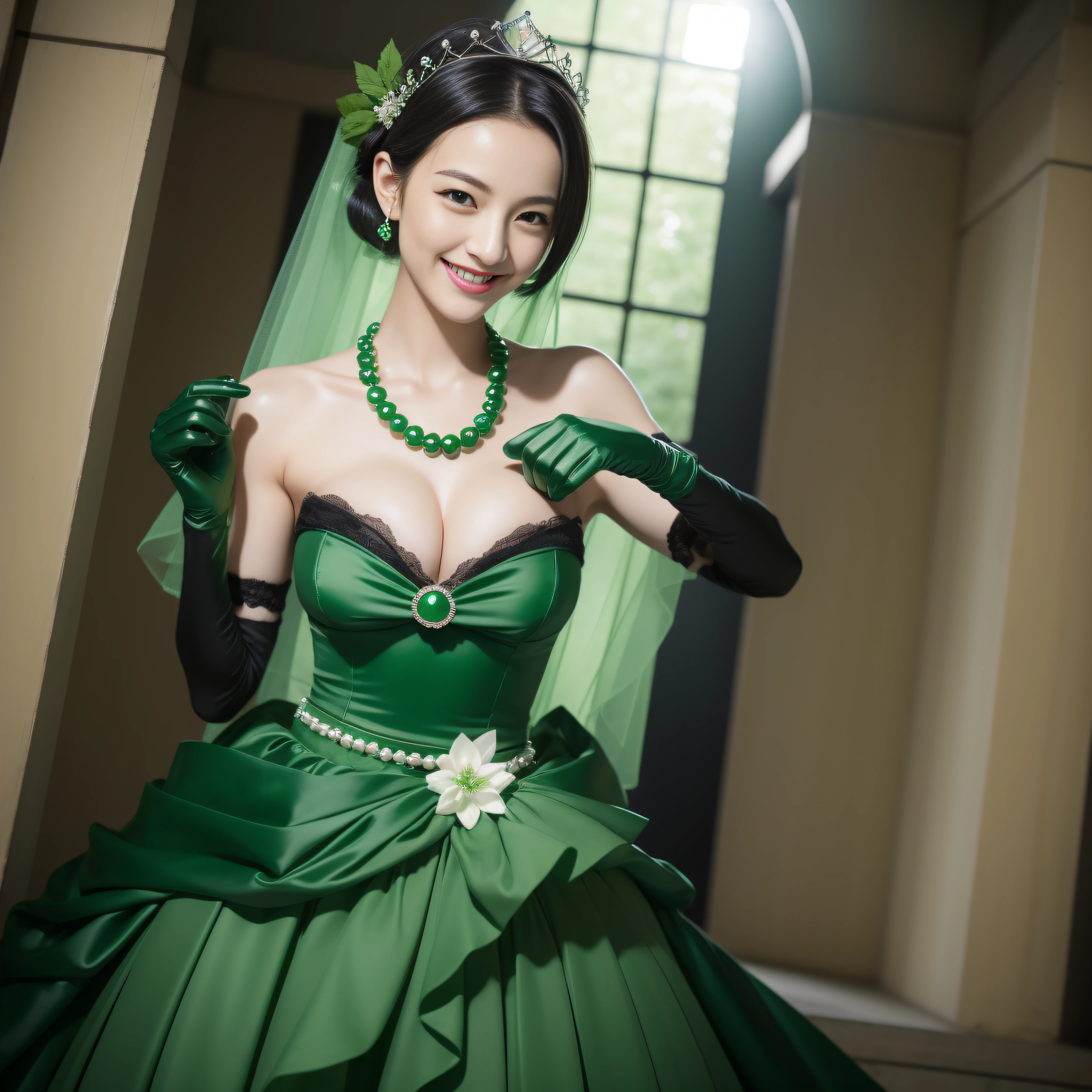 Boyish very short black hair, lipsticks, Japan woman smiling, Green Long Grove, Emerald Tia boyish very short black hair, lipsticks, Japan woman smiling, Satin green long gloves, emerald tiara, Green Pearl Necklace, verd s eyes, Green eyes, Long green gloves made of satin material, big breasts beautiful, Green Bridal Veil