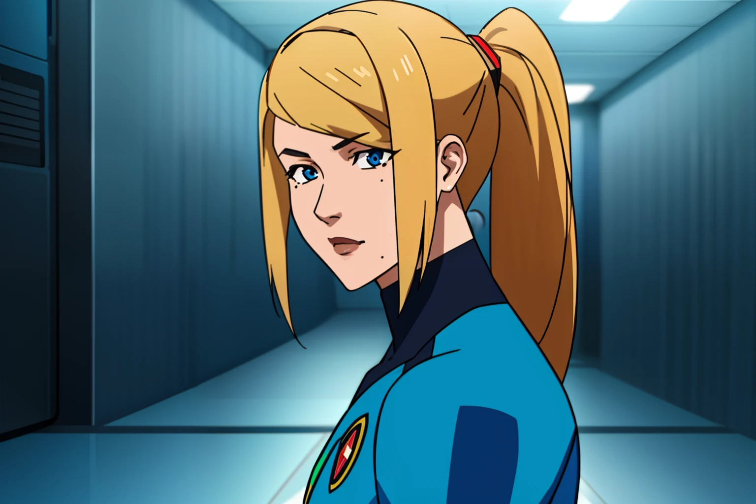 Invincible, masterpiece, best quality, 1girl, anime, samus, mole, zero suit, blue eyes, ponytail, blonde hair, screenshot, upper body,