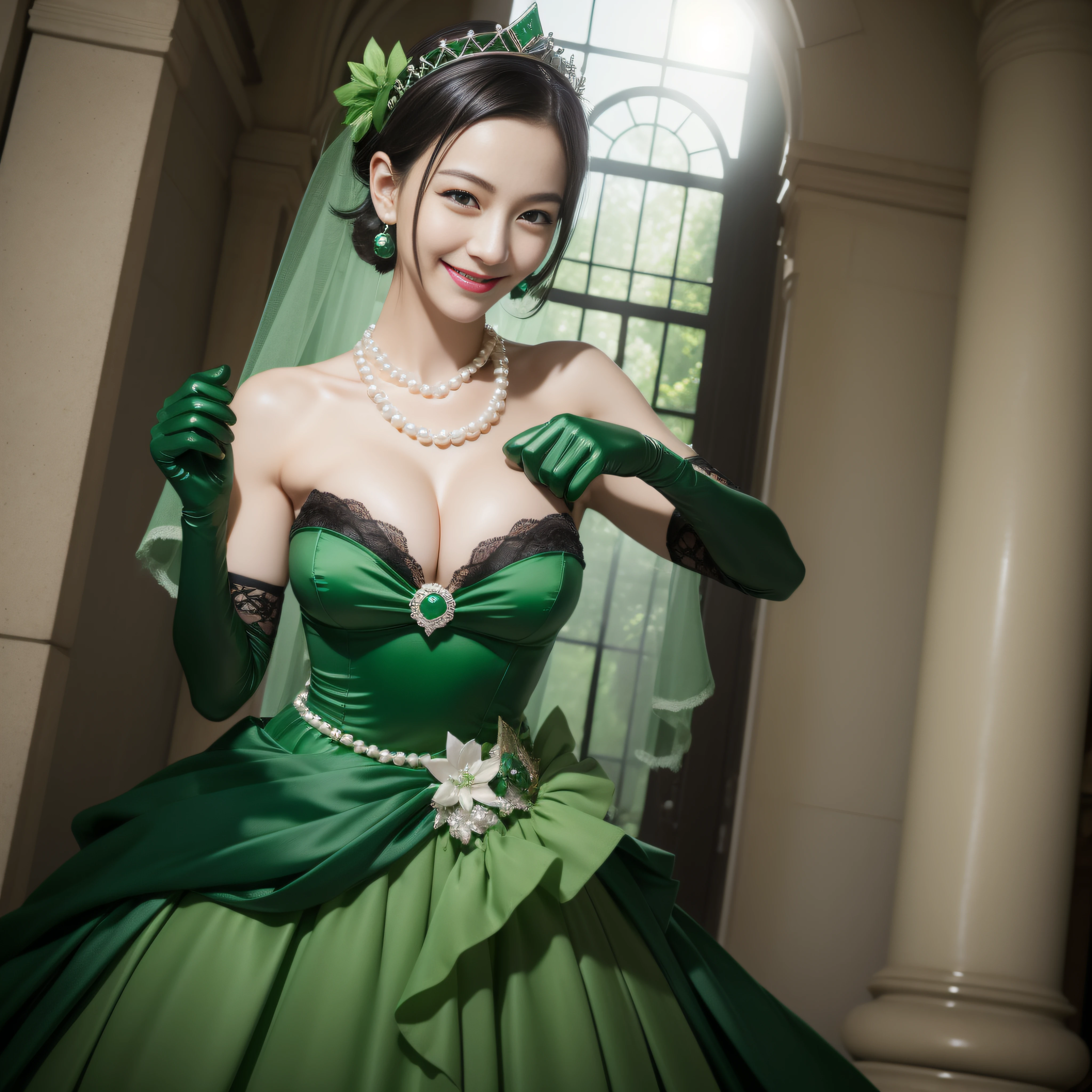 Boyish very short black hair, lipsticks, Japan woman smiling, Green Long Grove, Emerald Tia boyish very short black hair, lipsticks, Japan woman smiling, Satin green long gloves, emerald tiara, Pearl Necklace, verd s eyes, Green eyes, Long green gloves made of satin material, big breasts beautiful, illuminate