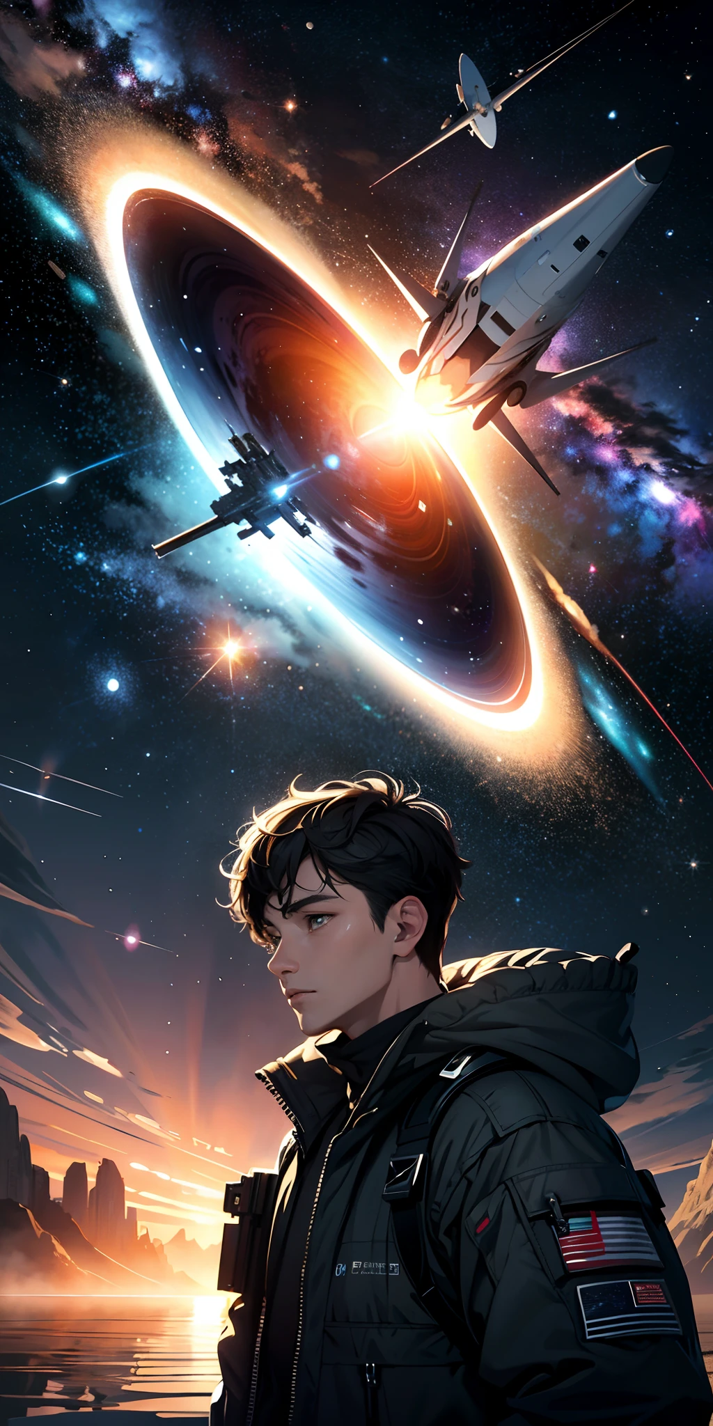 ((Masterpiece)),(Best quality)),Magnificent space image scene,Interstellar,Interstellar flight,starrysky,The vast universe,Ridiculous resolution, A high resolution, (masterpiece:1.4), ultra - detailed, 1boy, looking from above, the space, afloat, --v 6