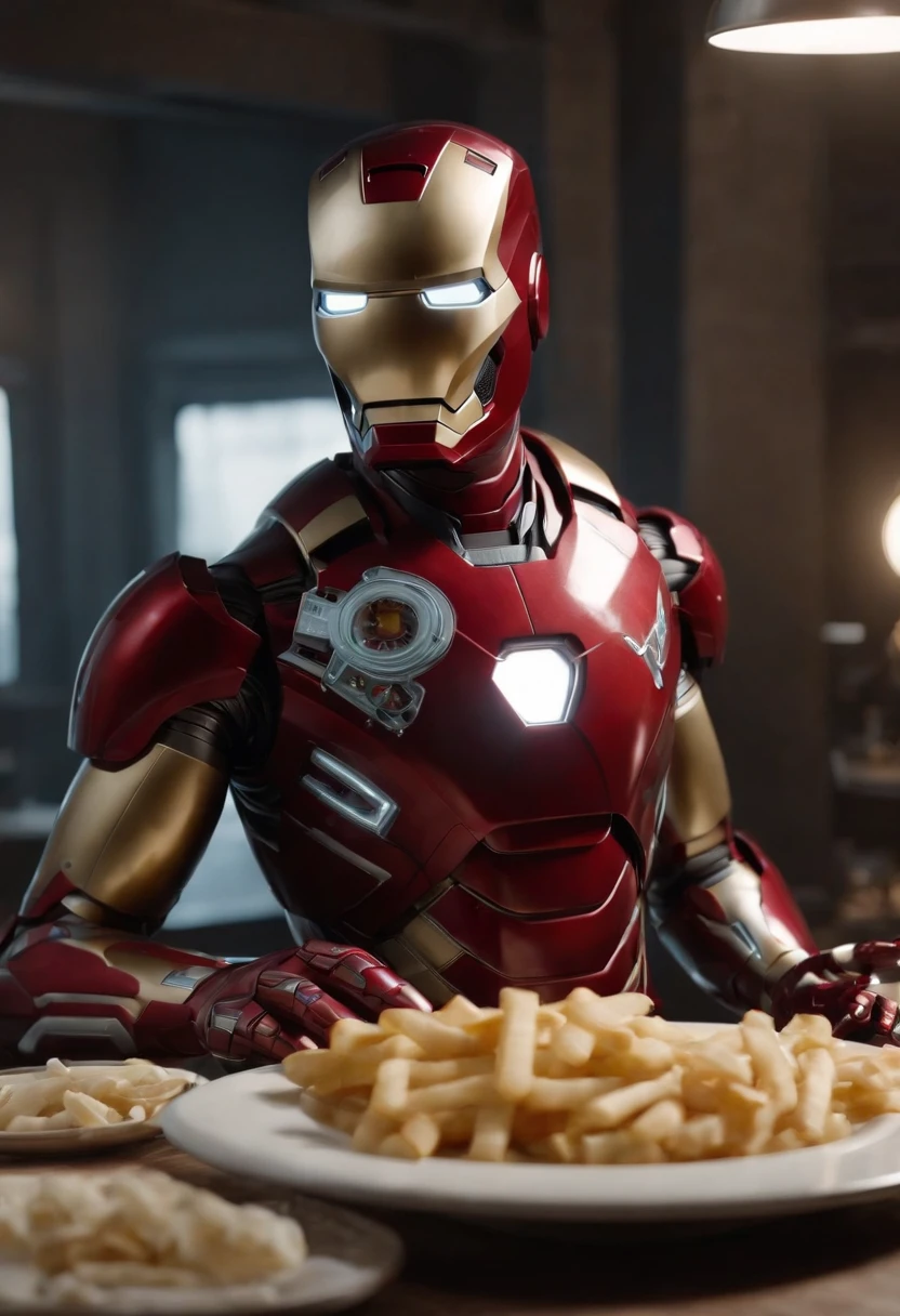 Marvel's somber half-length portrait of Iron Man behind a table with a plate of salchichas en trozos acompañado de papas fritas, with intricate angular cybernetic implants within a futuristic kitchen, cyberpunk, Foto premiada, Neon lights, cybernetic limb, obra maestra, UHD, 32K, ultrarrealista, HQ 4K, Renderizado en Unreal Engine 4K HQ, Renderizado en Unreal Engine 4K HQ, Arte conceptual 4K e hiperrealismo, Renderizado 4K detallado, Ironman, ArtStation 4K, Renderizado 4K de alto detalle, Tendencias 4K en la sede de ArtStation, Extremadamente fotorrealista