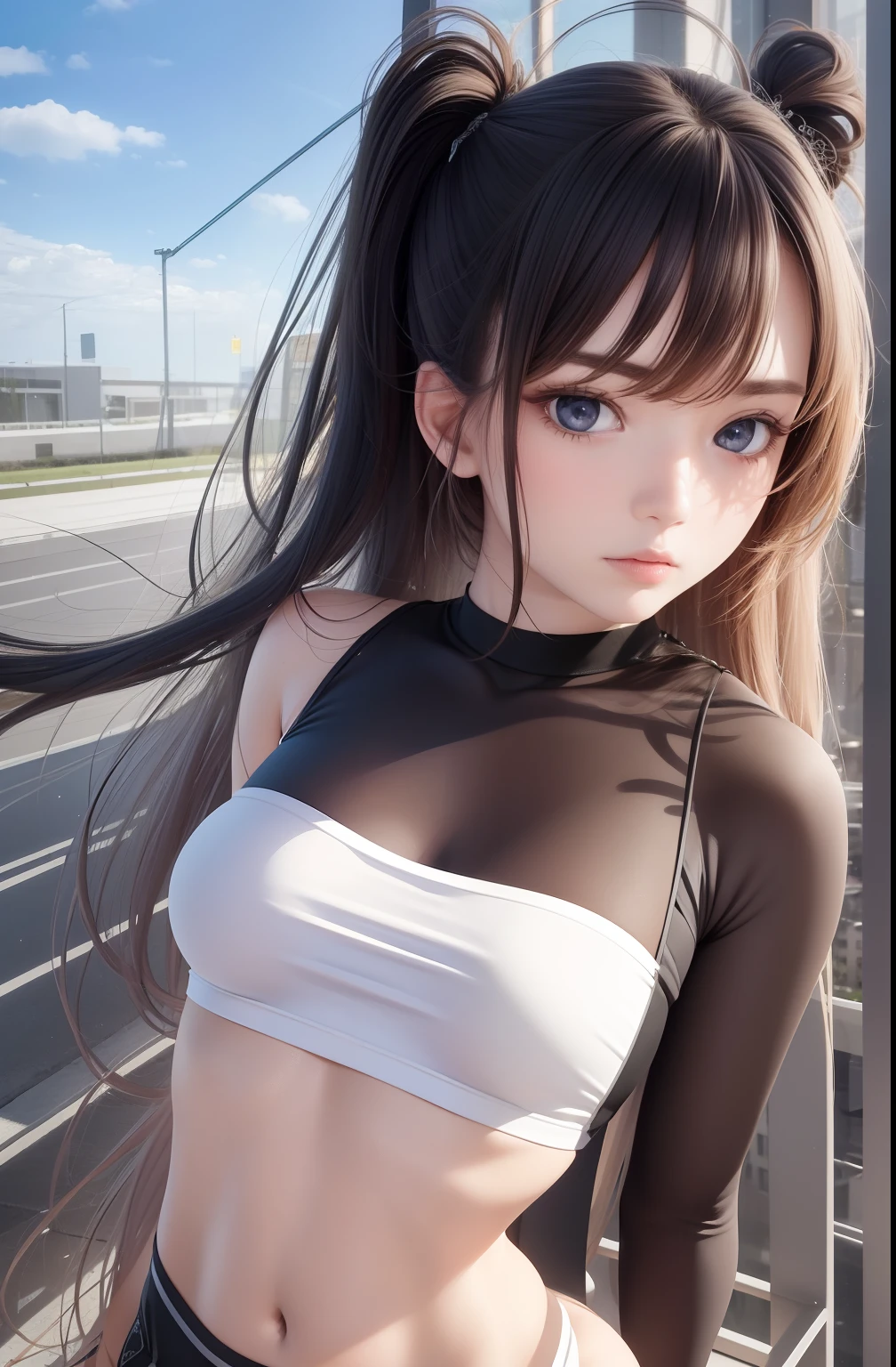 (Top image quality, masterpiece:1.1), (Realism:1.4), 1girl in, Tight crop top, Twin-tailed, studio