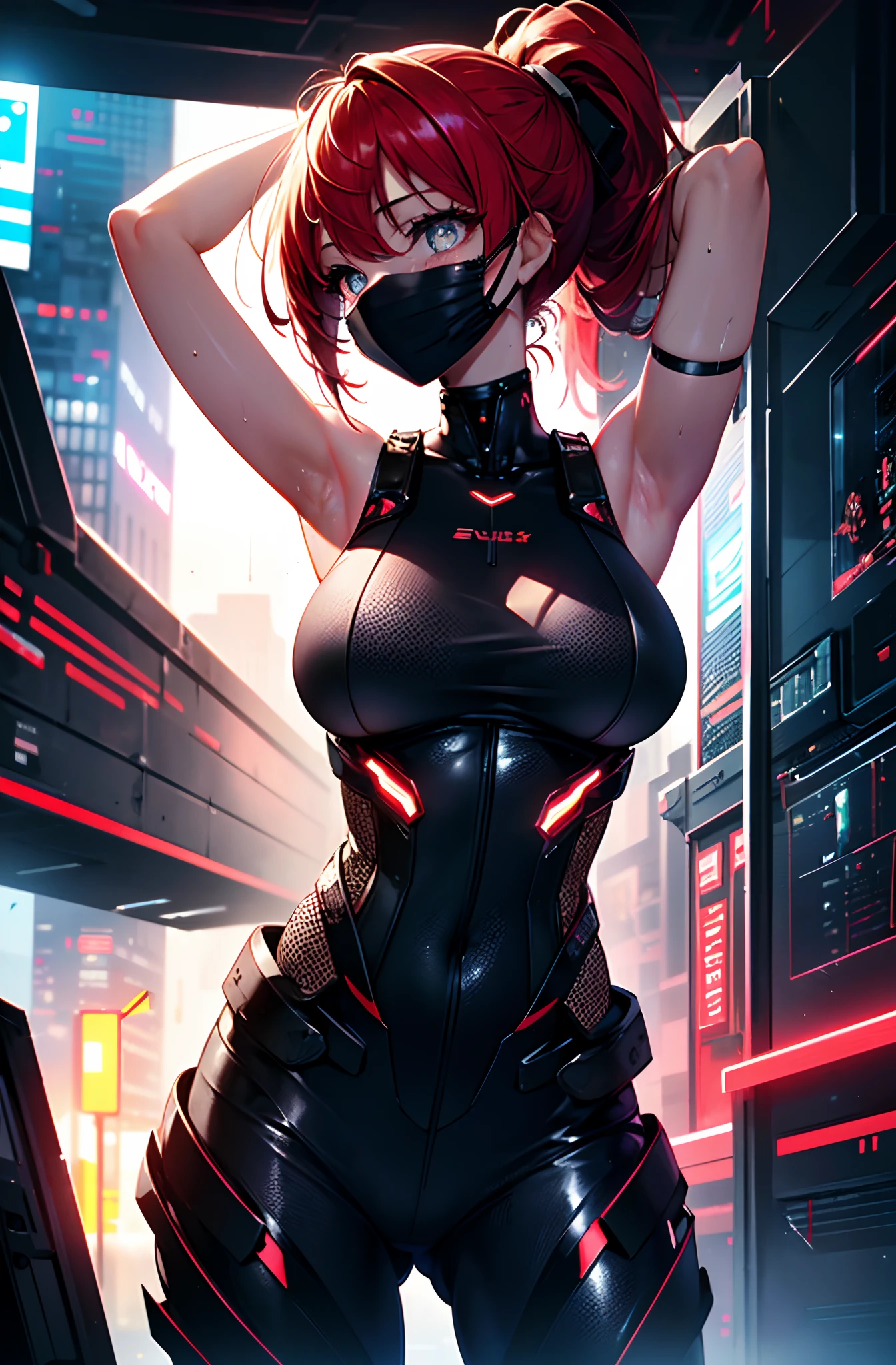 transcendent beautiful girl, (masterpiece eyes:1.3), (sleeveless exoskeleton bodysuit:1.3), sweat skin, (red long hair, ponytail), (exposed sideboob, exposed armpits, exposed groin), cowboy_shot, side focus, shiny, Huge_breasts, wide_lower back, (arms behind head, armpits), open stance, (cyber tech punk mouth mask:1.2), cyber punk city, professional lighting, best quality, masterpiece, ultra detailed, captures a super cute moment, depth of field, ultra high resolution, fine details, 16k wallpaper,