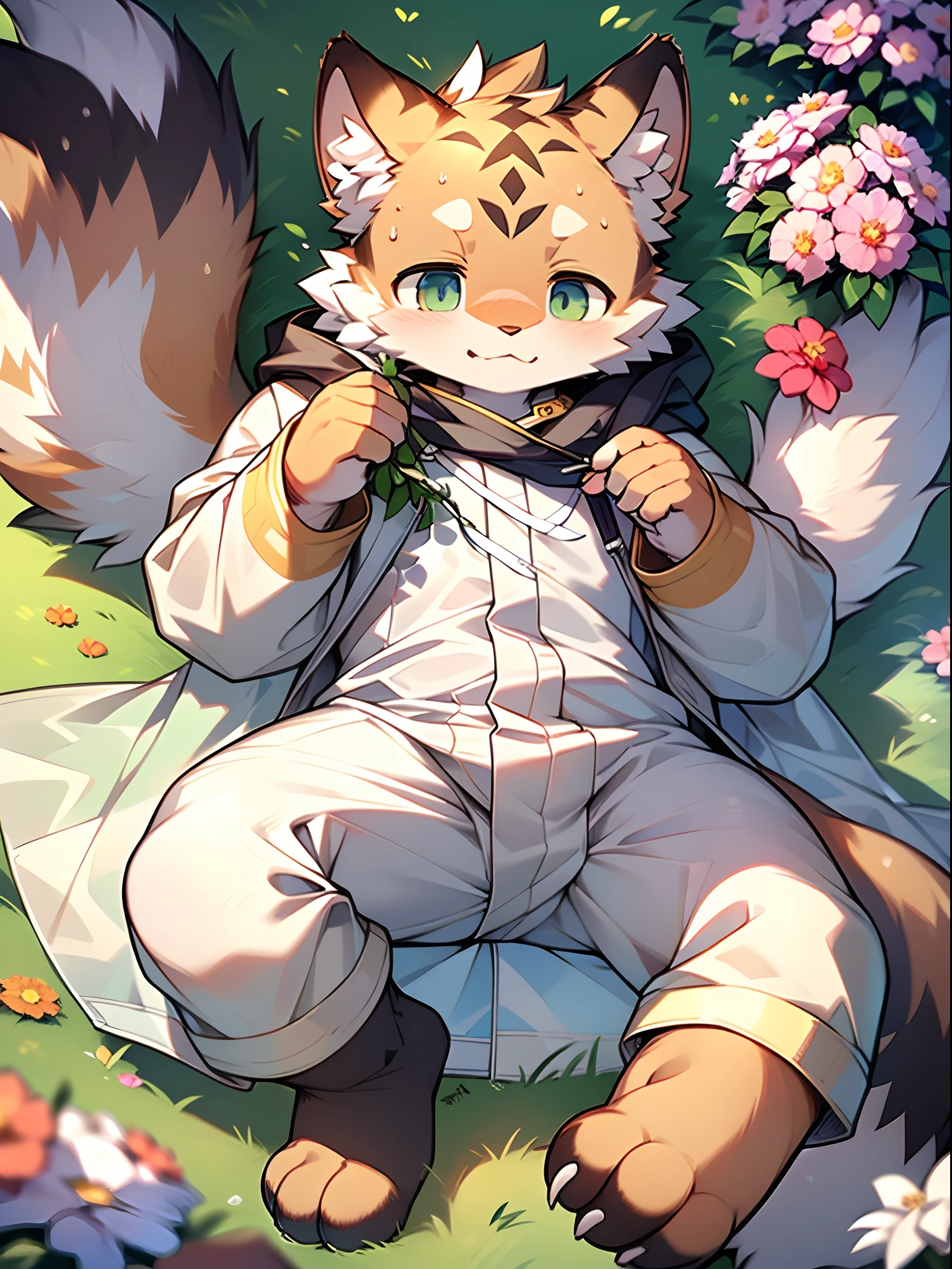 Masterpiece, Best quality, Perfect anatomy, Watery eyes, author：Milk Tiger 1145, author：K0bit0wani, Furry, coyote, (Phyllis:0.3), Muscular male, Solo, wears, baggy clothes, wet fur, (Translucent raincoat:1.1), (holding flower:1.1), Lying, bird's eyes view, Grass, rain, Eau, Rained，((Boy，Shota))