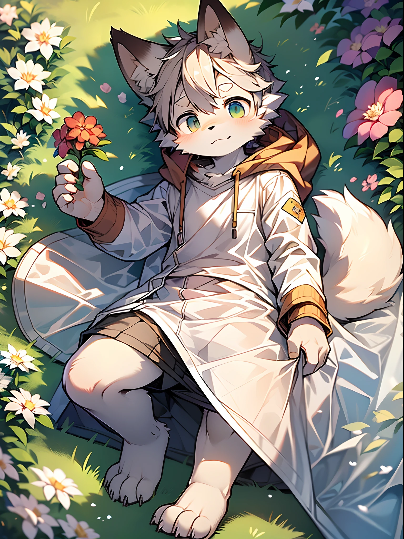 Masterpiece, Best quality, Perfect anatomy, Watery eyes, author：Milk Tiger 1145, author：K0bit0wani, Furry, coyote, (Phyllis:0.3), Muscular male, Solo, wears, baggy clothes, wet fur, (Translucent raincoat:1.1), (holding flower:1.1), Lying, bird's eyes view, Grass, rain, Eau, Rained，((Boy，Shota))