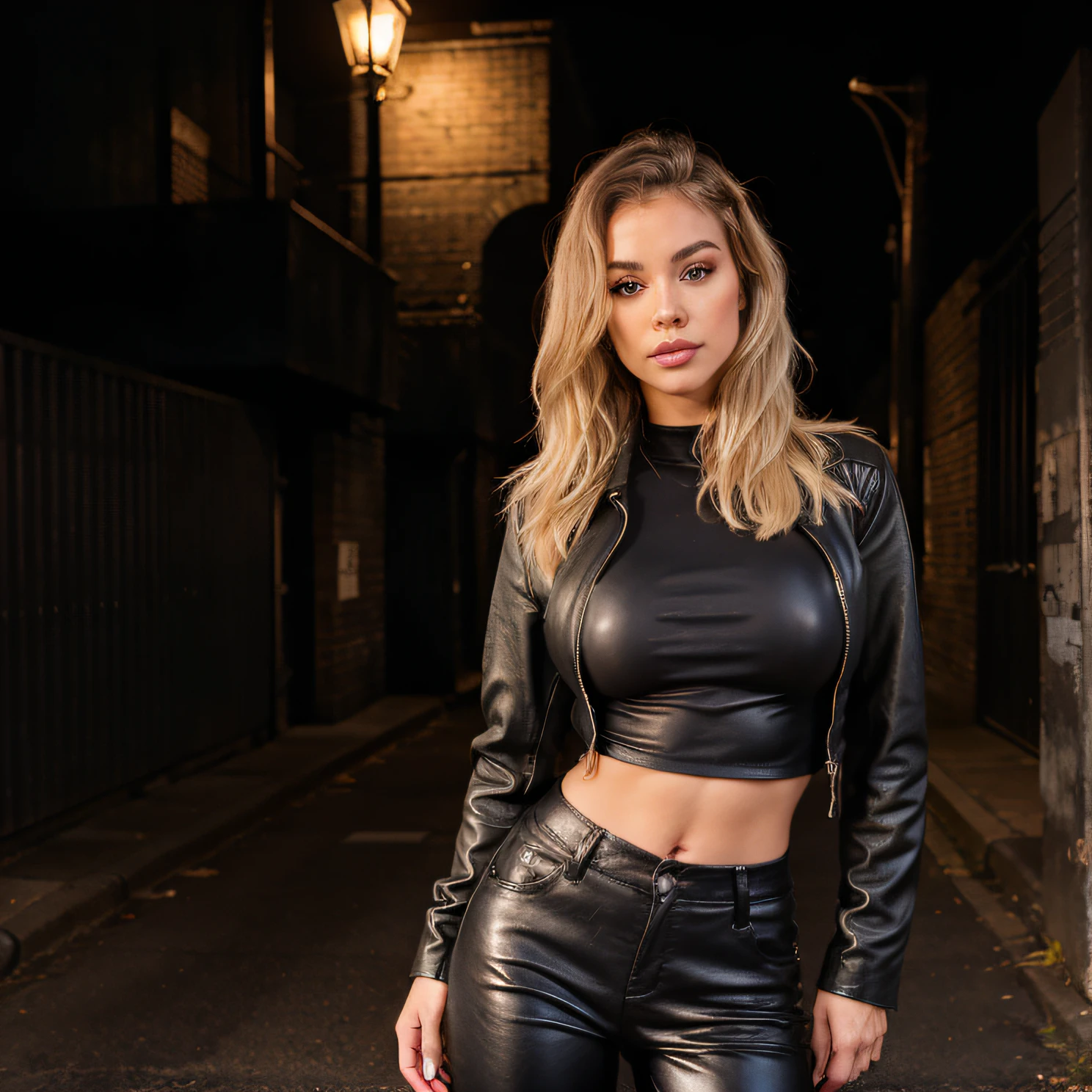 wearing a closed leather jacket , tits covered under jacket, wearing long black pants, black clothes, under streetlight, in a dark alley, Cute, Portrait of a beautiful girl, sexy pose, (Best Quality:1.2), Super Detail, photo of beautiful Caucasian woman, blonde hair, thin waist, deep neckline, huge tits (not naked)
