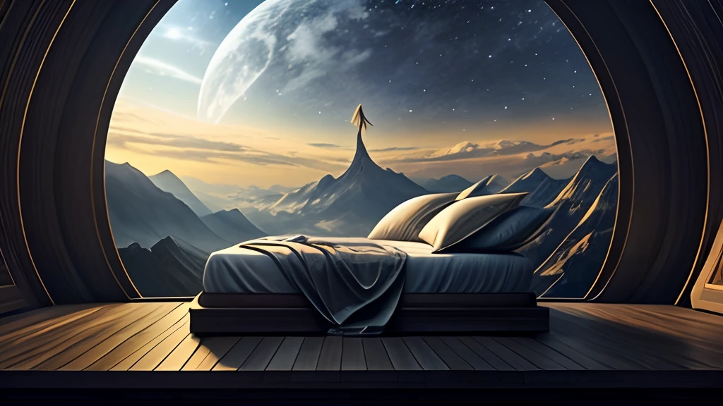 A conventional bed in a fantastic world with beautiful alien nature, en el cielo se ven varias lunas, estrellas y galaxias, la imagen inspira paz y alegria