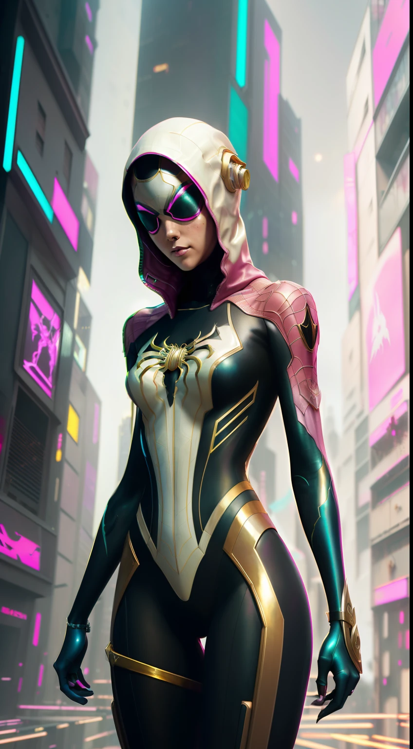 (Pink and gold color,)) spider -Gwen, Precise details, Detailed costume, (White and gold costume), fantasy, dramatic, intricate, elegant, Highly detailed, Lush figure, sexy, Digital painting, art station, Concept art , Sharp soft focus, illustration, Art by Gustave Dore, octane, 4k, (cyberpunk:1.4), (Only:1.4