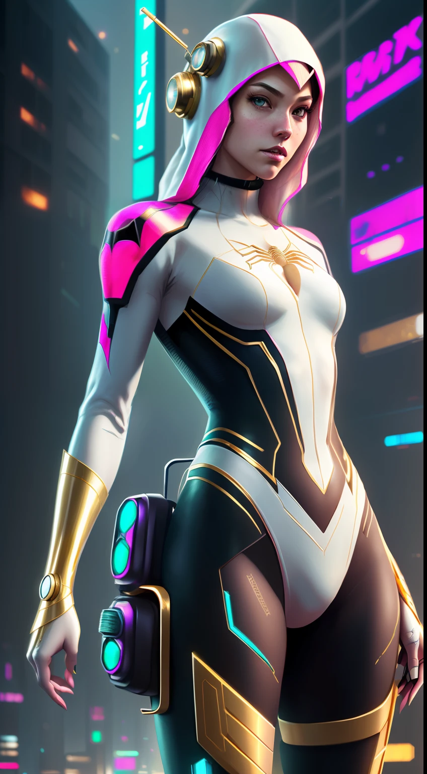 (Pink and gold color,)) spider -Gwen, Precise details, Detailed costume, (White and gold costume), fantasy, dramatic, intricate, elegant, Highly detailed, Lush figure, sexy, Digital painting, art station, Concept art , Sharp soft focus, illustration, Art by Gustave Dore, octane, 4k, (cyberpunk:1.4), (Only:1.4