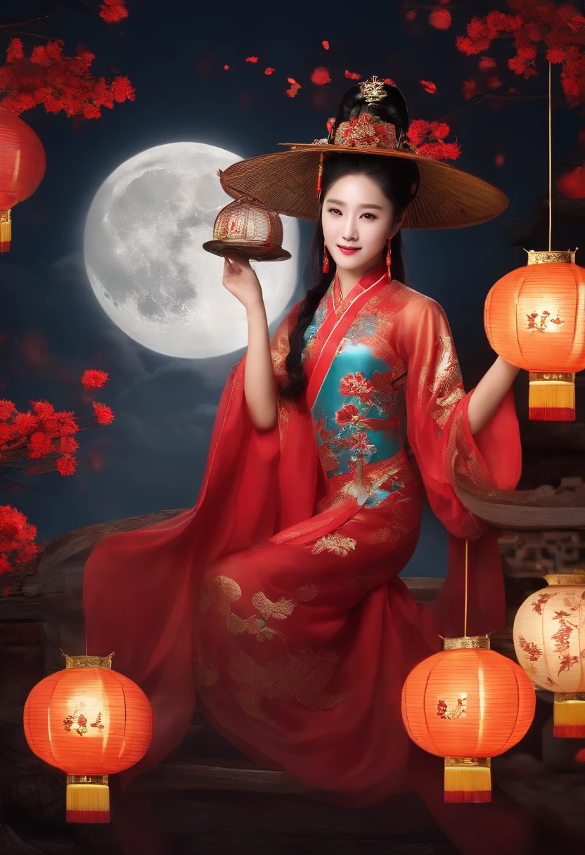 Chinese、drak、Mid-Autumn Festival atmosphere，Moon，Chang'e fairy，true to life，welcoming，Gifts，Happy and happy