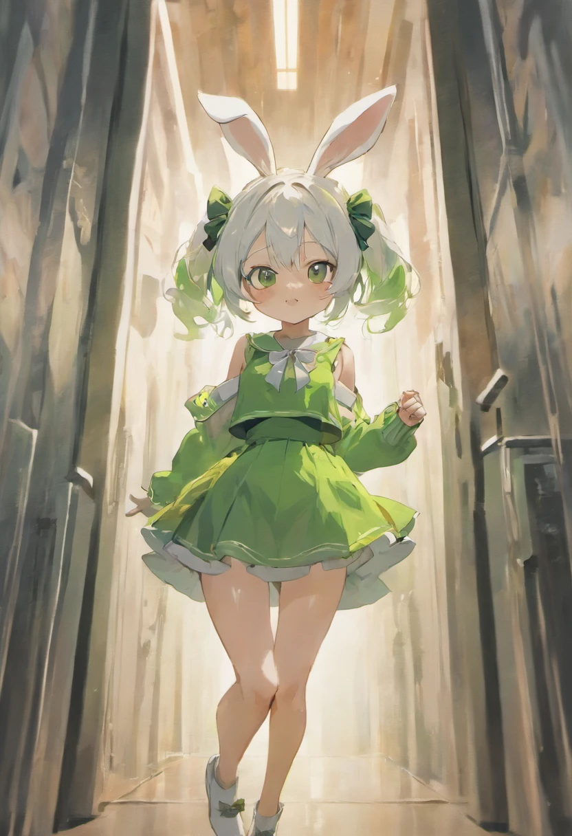 Girl White Rabbit black Hair Bow White Short Skirt green Top Hands behind You, bunny ears, glasses, knee socks