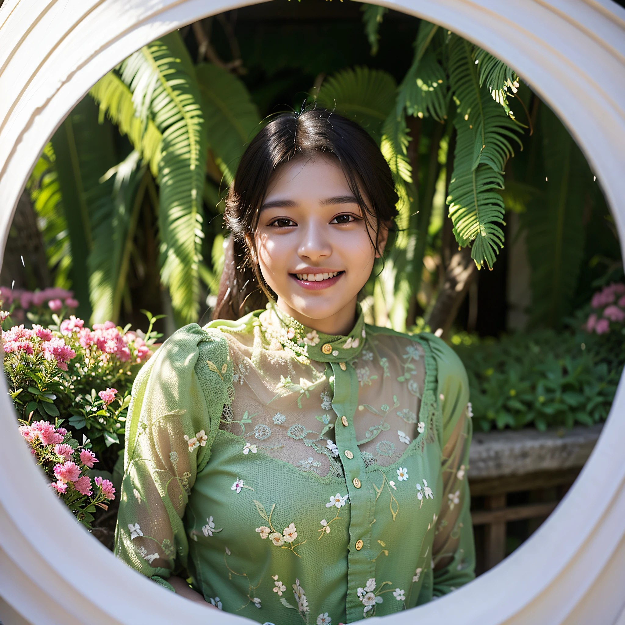 there is a woman standing in a garden with a smile on her face, centre image, front portrait, jayison devadas, aged 13, with a happy expression, profile pic, student, taken with sony alpha 9, portrait mode photo, top, vastayan, taken with sony a7r camera, captured on canon eos r 6, round-cropped