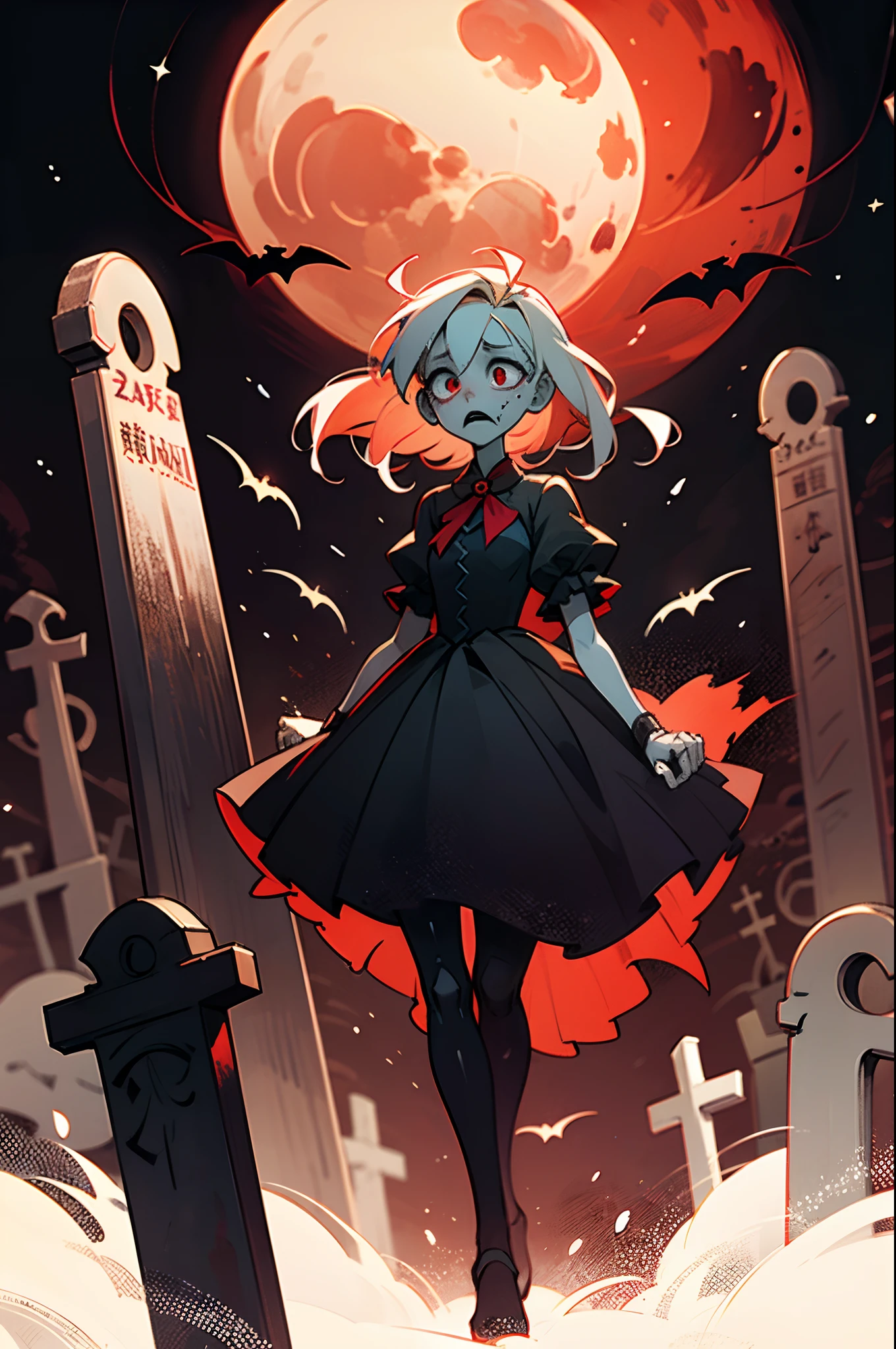Her eyes shone like stars、Curvaceous but slender、Rotten flesh、Spookyness MAX、Incomplete limbs、(top-quality、hight resolution、8k、​masterpiece:1.2)。Beautiful female zombies、Under the red moonlight、From the center of a sandy cemetery lined with old tombstones、Generate a scene depicting it slowly creeping up。Zombies slowly reach out with human bones in hand from a state of buried alive、While twisting your shoulders gracefully,、Holding a tombstone with pale hands。Elegant tattered dress flutters in the wind、Damaged hair swaying in the darkness、Describe the zombie's distorted steps as if they were somehow bewitching。A demonic red moon hovers behind the cemetery、The light of the red moon highlights her eerie beauty。In the distance you can see a small Devil's Castle。A light mist forms around the tombstone.、An eerie silence drifts in the air、Bats are flying around。Limb imperfect zombie looks up at sky with eerie clouds、At a loss, as if searching for his arm in the darkness。This scene is called、Finish it into an eerie piece that combines the bewitching and beauty of zombie movements。