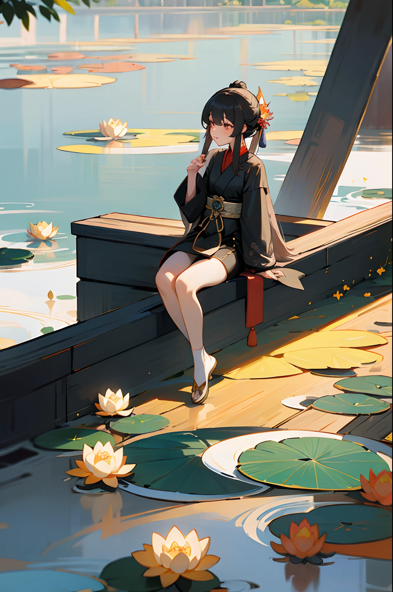 Ancient Chinese beauties sit on stones,wearing ancient Chinese costume,Hanfu,Flowing tulle,Light silk,Lazy posture,large lotus leaf,lotuses,Ink painting style,clean color,Decisive cut,Leave white space,impressionistic,tmasterpiece,ultra-detailliert,Epic composition, high qulity, HighestQuali, 4k --v 6