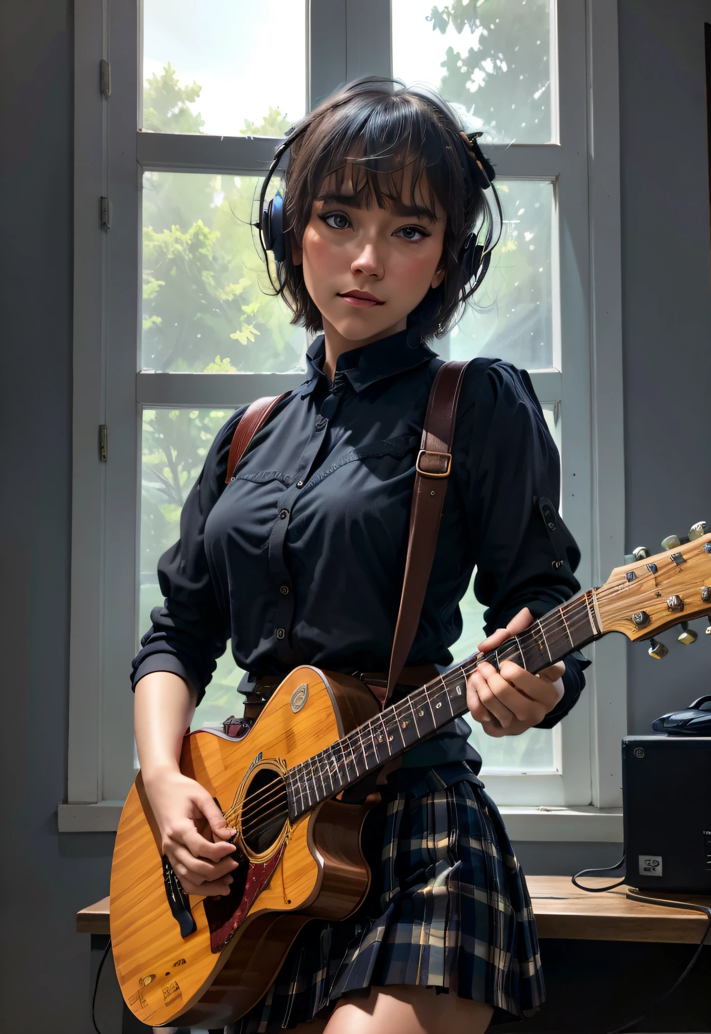 highres, shadows, absurdres, best_quality, ultra_detailed, 8k, extremely_clear, photograph, beautiful, sharp focus, hdr,
A cute pop singer with short hair and symmetrical teary eyes holds a guitar and sings into headphones, wearing a pleated skirt, with a dynamic angle, captured in a high-detailed cowboy shot, exuding a melancholy emotion, featuring soothing tones and a contrasting mix of light and shadow, all while emphasizing the subject's hair, eyes, mouth, and action in a composition that is both pleasing to the eye and thought-provoking.