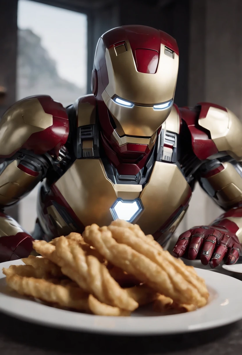 Marvel's somber half-length portrait of Iron Man behind a table with a plate of salchichas en trozos acompañado de papas fritas, with intricate angular cybernetic implants within a futuristic kitchen, cyberpunk, Foto premiada, Neon lights, cybernetic limb, obra maestra, UHD, 32K, ultrarrealista, HQ 4K, Renderizado en Unreal Engine 4K HQ, Renderizado en Unreal Engine 4K HQ, Arte conceptual 4K e hiperrealismo, Renderizado 4K detallado, Ironman, ArtStation 4K, Renderizado 4K de alto detalle, Tendencias 4K en la sede de ArtStation, Extremadamente fotorrealista
