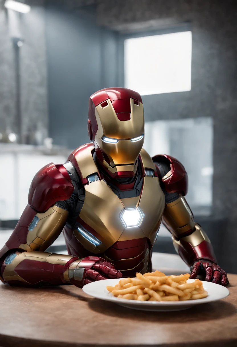 Marvel's somber half-length portrait of Iron Man behind a table with a plate of salchichas en trozos acompañado de papas fritas, with intricate angular cybernetic implants within a futuristic kitchen, cyberpunk, Foto premiada, Neon lights, cybernetic limb, obra maestra, UHD, 32K, ultrarrealista, HQ 4K, Renderizado en Unreal Engine 4K HQ, Renderizado en Unreal Engine 4K HQ, Arte conceptual 4K e hiperrealismo, Renderizado 4K detallado, Ironman, ArtStation 4K, Renderizado 4K de alto detalle, Tendencias 4K en la sede de ArtStation, Extremadamente fotorrealista