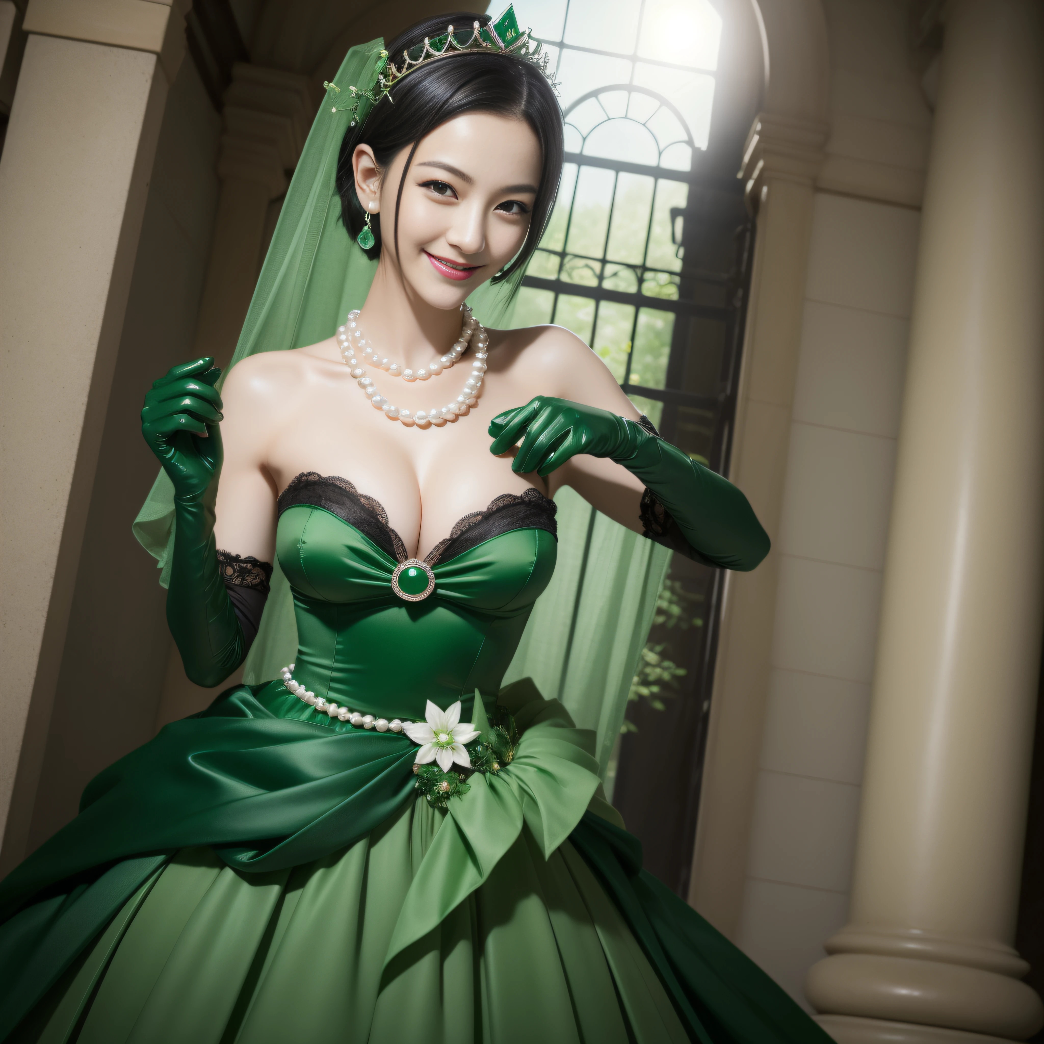 Boyish very short black hair, lipsticks, Japan woman smiling, Green Long Grove, Emerald Tia boyish very short black hair, lipsticks, Japan woman smiling, Satin green long gloves, emerald tiara, Pearl Necklace, verd s eyes, Green eyes, Long green gloves made of satin material, big breasts beautiful, illuminate