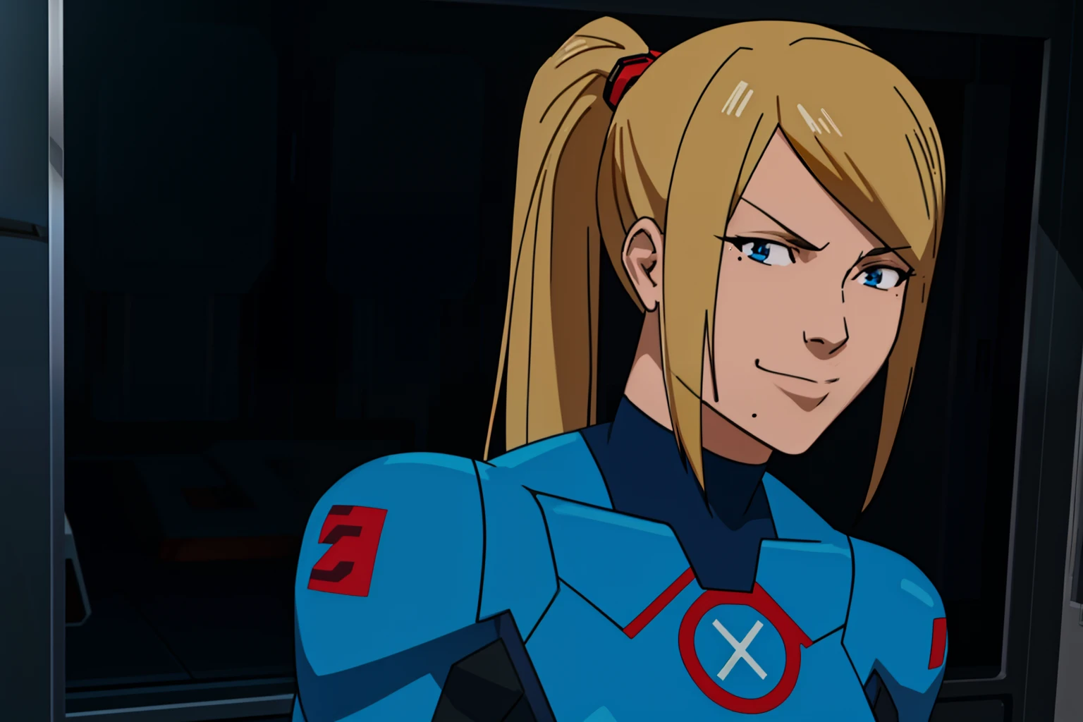 Invincible, masterpiece, best quality, 1girl, anime, samus, mole, zero suit, blue eyes, ponytail, blonde hair, screenshot, upper body, smirk