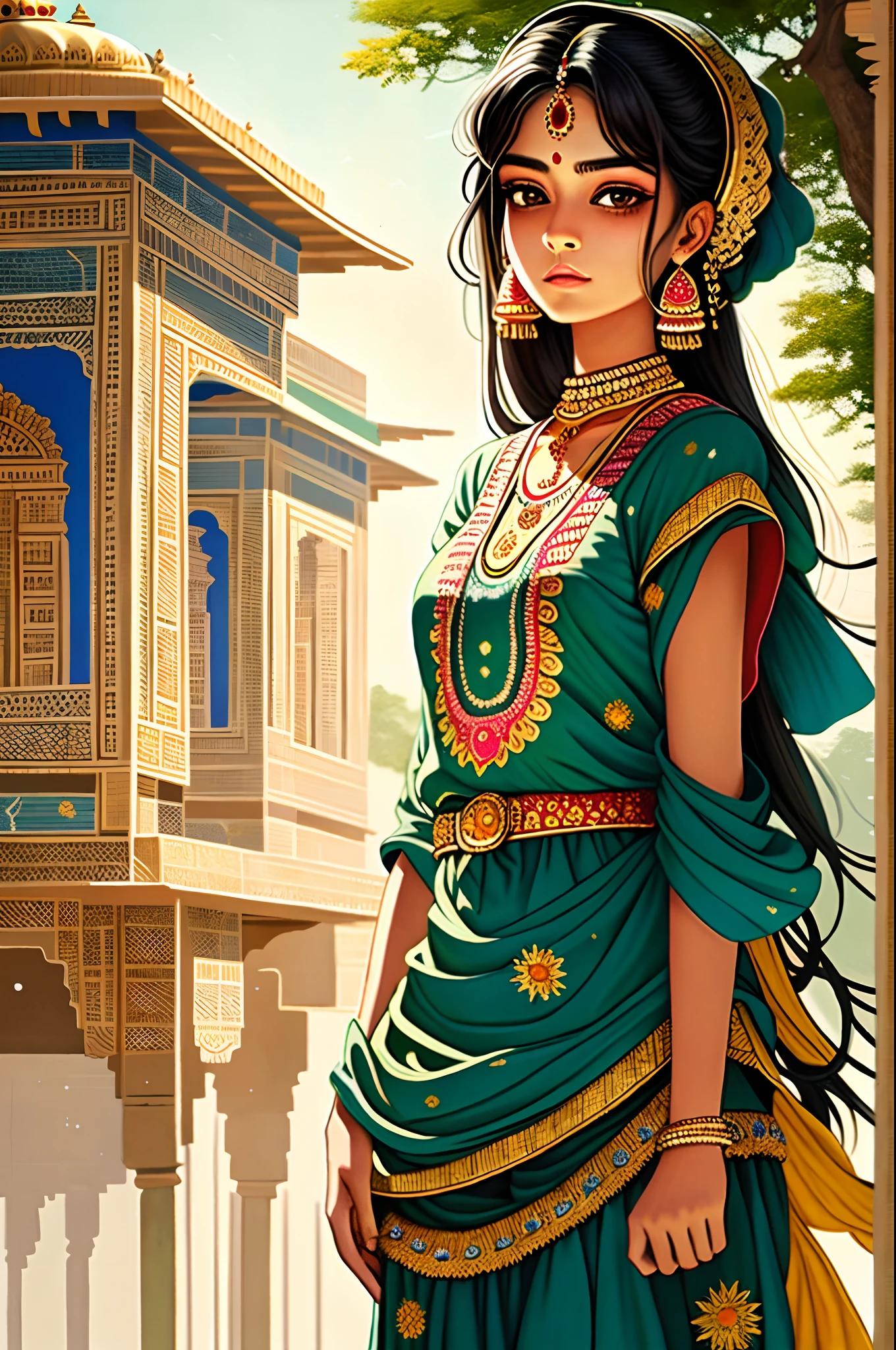 masterpiece, best quality, ultra-detailed, best illustration,_1 girl, Rajasthani painting