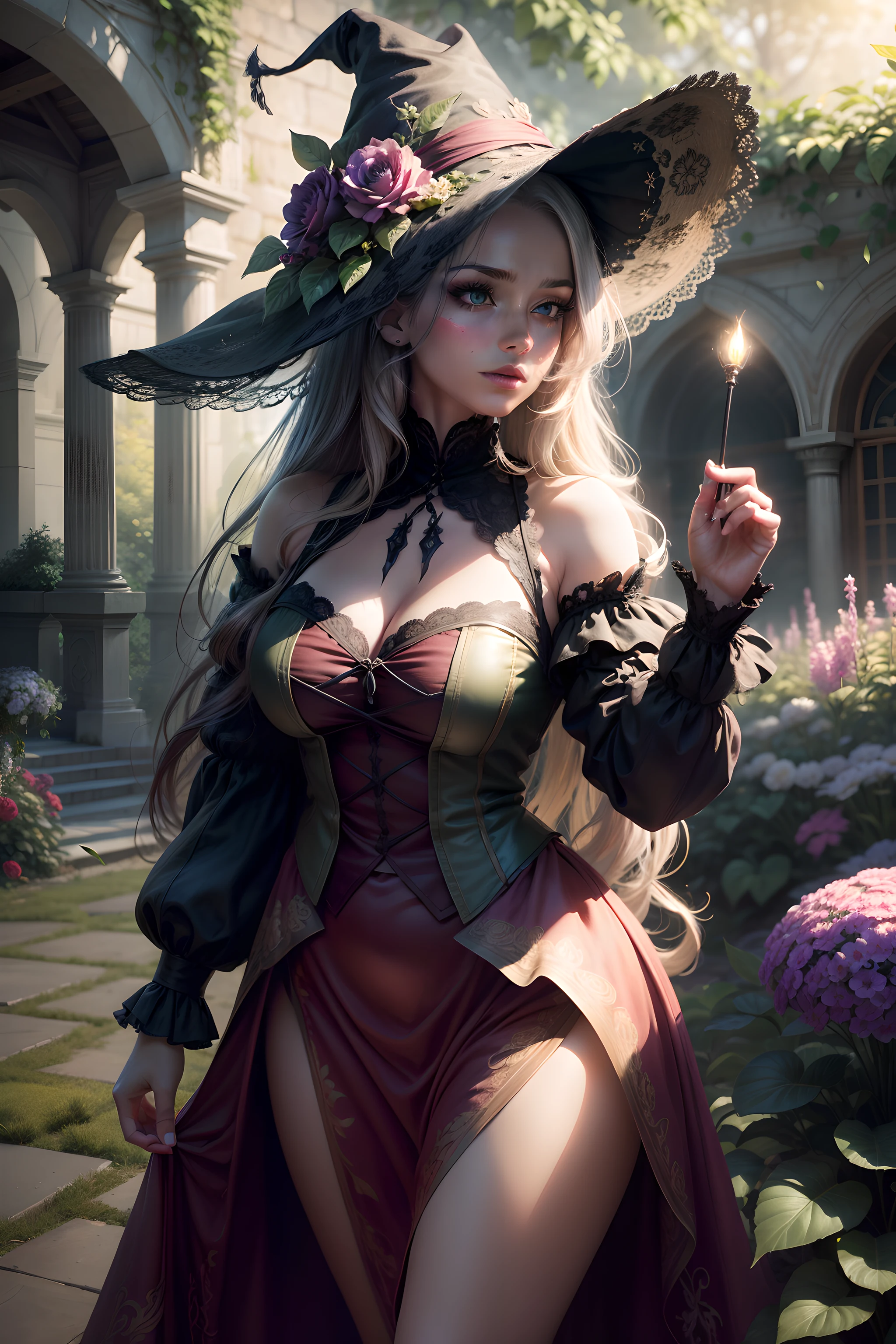 A girl in a garden, solo, wearing a wicked witch costume, with long hair flowing in the wind. The garden is bathed in volumetric light, creating a mystical atmosphere. The girl is the center of attention, her pose exuding confidence and power. Her eyes are beautifully detailed, drawing you in with their intensity. Her lips, also detailed, add to her mysterious allure. With a backdrop of vivid colors, the garden is filled with intricately detailed flowers and plants, creating a mesmerizing scene. The whole image is of the best quality, with ultra-detailed elements that make it visually stunning. The artwork is a masterpiece, with a resolution of 8k, ensuring every detail is captured. The realism of the image is enhanced by the use of photorealistic rendering techniques. The overall color tone is rich and vibrant, adding to the enchantment of the scene. The lighting is carefully crafted, with volumetric light rays streaming through the foliage, accentuating the girl and the garden.