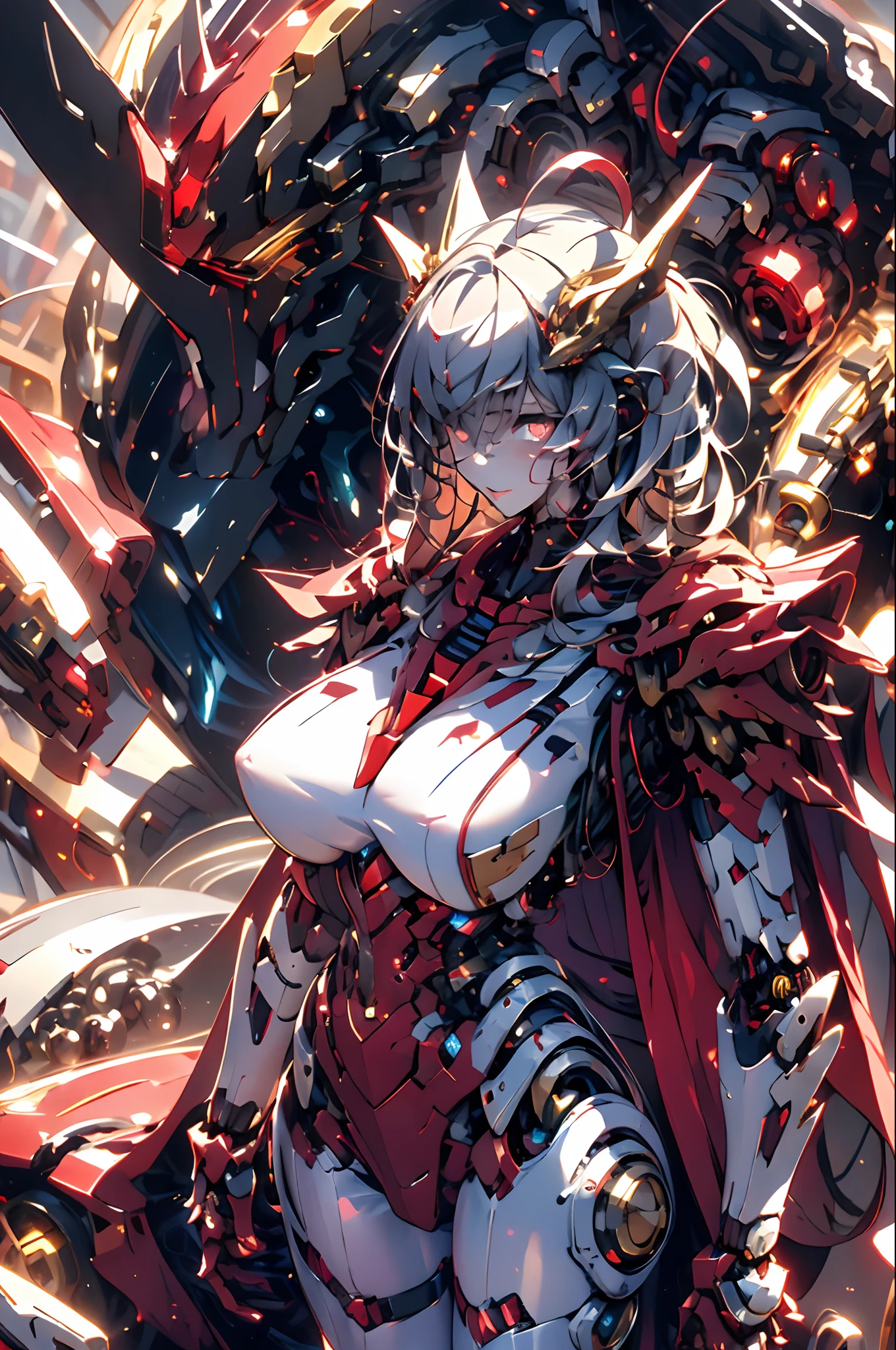 (masterpiece:1.2), best quality,PIXIV,
robot girl,breast,weapon, sword, armor, holding weapon, holding, holding sword, solo, gauntlets, cape, red cape, full armor, helmet, torn cape, male focus, standing, glowing, shoulder armor, red theme, pauldrons, breastplate, torn clothes, greaves, crack, horns, knight, torn, armored boots