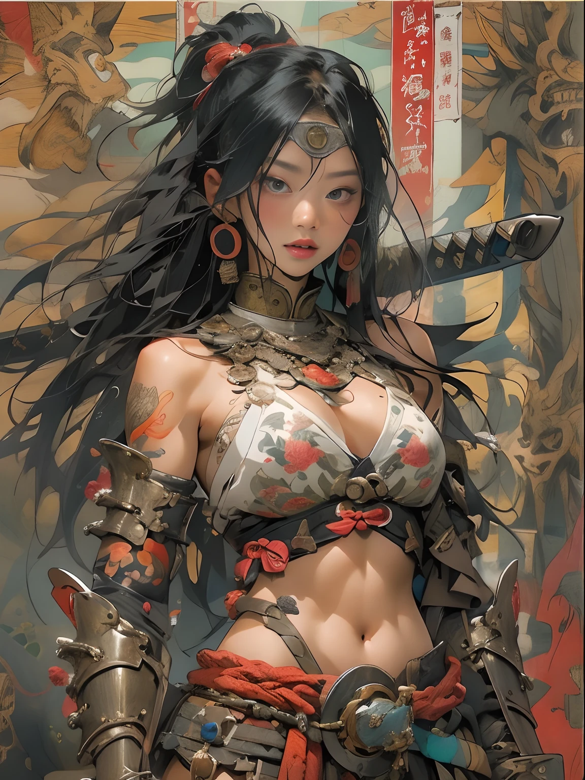 (((woman))), (((best qualityer))), (((tmasterpiece))), (((AS-Adult))), ((( Japanese ))), Look up from your knees, A beautiful asian samurai woman with perfect body, Modern samurai, ((( Asian))), Wear gloves on your hands,The left arm is made of steel and metal tips,Made of protective devices, The eyes are pulled, (( Appears below the breast )), (( Small dental floss )), Simon Bisley, Almost naked(Simon Bisley)Castle City Wilderness,For high-resolution posters, hair straight, Minimum clothing, armure (Crazy clothes ), Full of tips and rivets, tribal tattoos, (((full bodyesbian))), Straight brunette hair,Colored hair ends