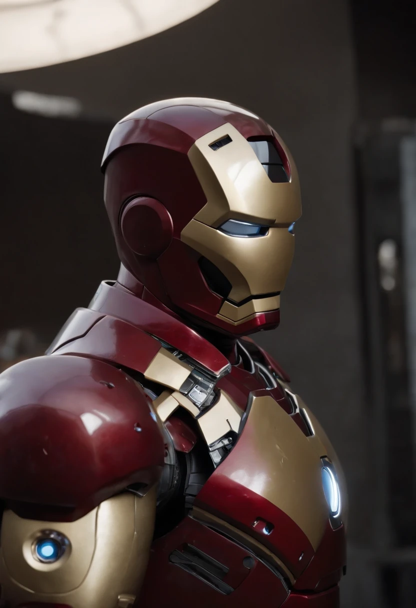 Marvel's somber half-length portrait of Iron Man behind a table with a plate of salchichas en trozos acompañado de papas fritas, with intricate angular cybernetic implants within a futuristic kitchen, cyberpunk, Foto premiada, Neon lights, cybernetic limb, obra maestra, UHD, 32K, ultrarrealista, HQ 4K, Renderizado en Unreal Engine 4K HQ, Renderizado en Unreal Engine 4K HQ, Arte conceptual 4K e hiperrealismo, Renderizado 4K detallado, Ironman, ArtStation 4K, Renderizado 4K de alto detalle, Tendencias 4K en la sede de ArtStation, Extremadamente fotorrealista