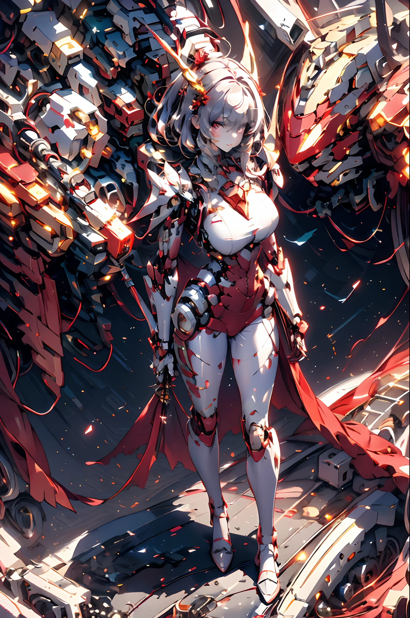 (masterpiece:1.2), best quality,PIXIV,
robot girl,breast,weapon, sword, armor, holding weapon, holding, holding sword, solo, gauntlets, cape, red cape, full armor, helmet, torn cape, male focus, standing, glowing, shoulder armor, red theme, pauldrons, breastplate, torn clothes, greaves, crack, horns, knight, torn, armored boots