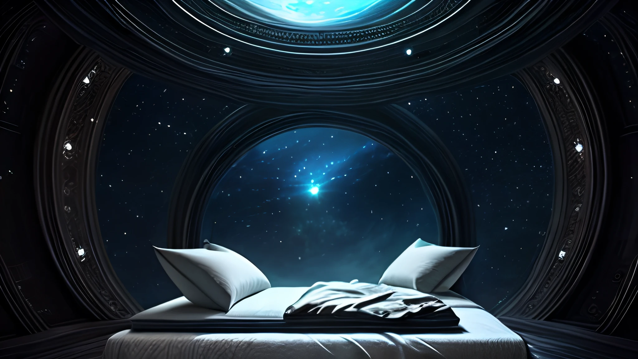 A conventional bed in a fantastic world with beautiful alien nature, en el cielo se ven varias lunas, estrellas y galaxias, la imagen inspira paz y alegria