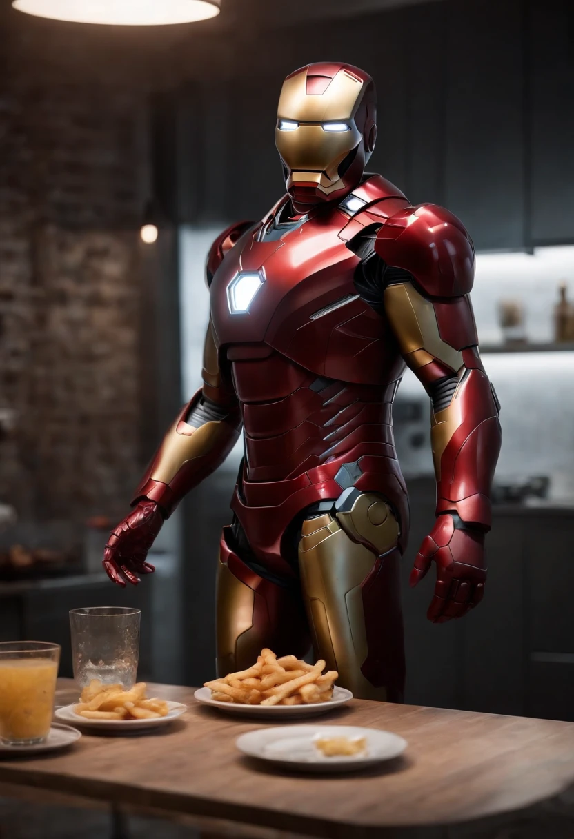 Marvel's somber half-length portrait of Iron Man behind a table with a plate of salchichas en trozos acompañado de papas fritas, with intricate angular cybernetic implants within a futuristic kitchen, cyberpunk, Foto premiada, Neon lights, cybernetic limb, obra maestra, UHD, 32K, ultrarrealista, HQ 4K, Renderizado en Unreal Engine 4K HQ, Renderizado en Unreal Engine 4K HQ, Arte conceptual 4K e hiperrealismo, Renderizado 4K detallado, Ironman, ArtStation 4K, Renderizado 4K de alto detalle, Tendencias 4K en la sede de ArtStation, Extremadamente fotorrealista