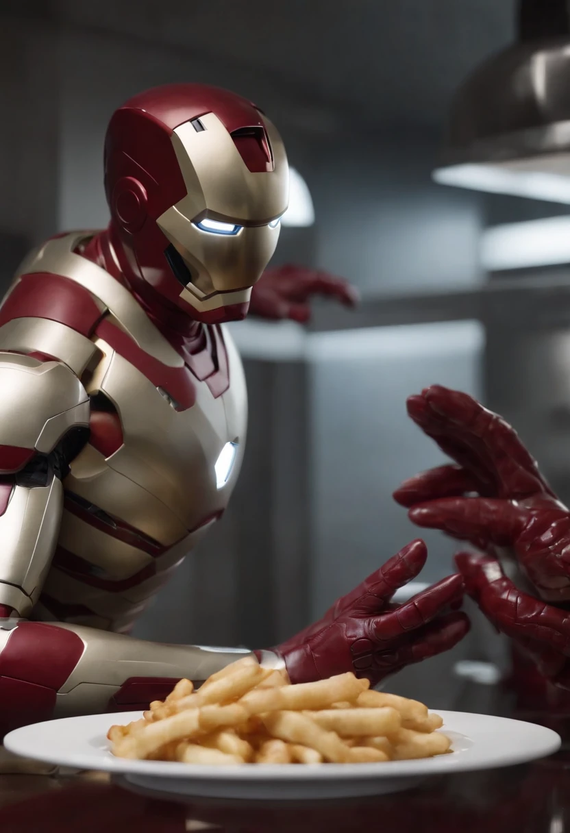 Marvel's somber half-length portrait of Iron Man behind a table with a plate of salchichas en trozos acompañado de papas fritas, with intricate angular cybernetic implants within a futuristic kitchen, cyberpunk, Foto premiada, Neon lights, cybernetic limb, obra maestra, UHD, 32K, ultrarrealista, HQ 4K, Renderizado en Unreal Engine 4K HQ, Renderizado en Unreal Engine 4K HQ, Arte conceptual 4K e hiperrealismo, Renderizado 4K detallado, Ironman, ArtStation 4K, Renderizado 4K de alto detalle, Tendencias 4K en la sede de ArtStation, Extremadamente fotorrealista