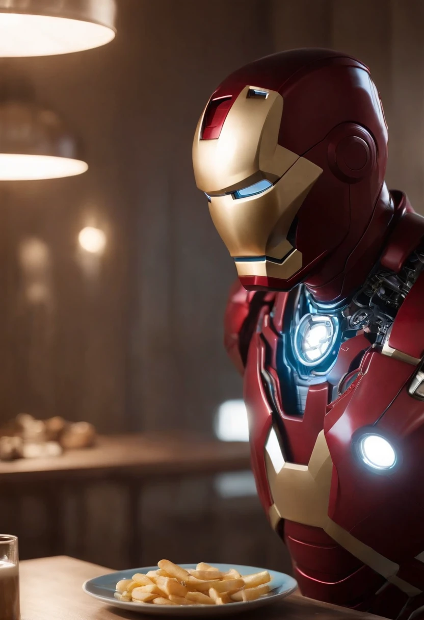 Marvel's somber half-length portrait of Iron Man behind a table with a plate of salchichas en trozos acompañado de papas fritas, with intricate angular cybernetic implants within a futuristic kitchen, cyberpunk, Foto premiada, Neon lights, cybernetic limb, obra maestra, UHD, 32K, ultrarrealista, HQ 4K, Renderizado en Unreal Engine 4K HQ, Renderizado en Unreal Engine 4K HQ, Arte conceptual 4K e hiperrealismo, Renderizado 4K detallado, Ironman, ArtStation 4K, Renderizado 4K de alto detalle, Tendencias 4K en la sede de ArtStation, Extremadamente fotorrealista