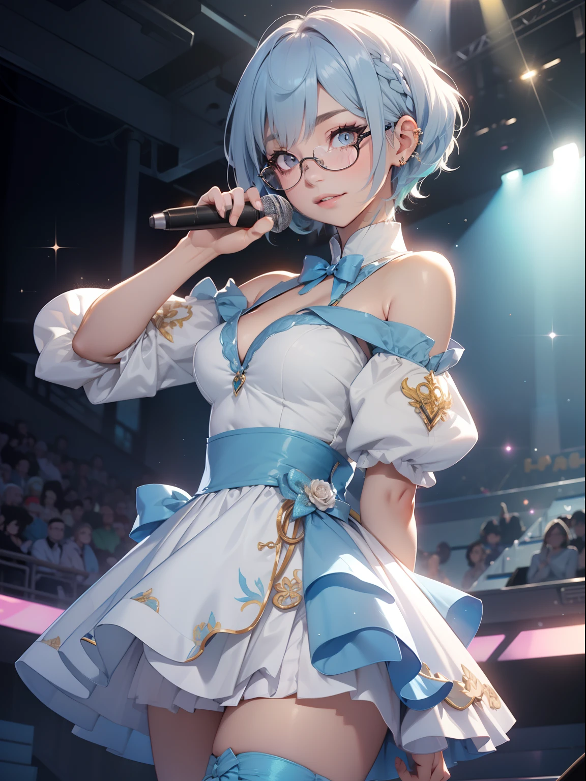 masutepiece, High resolution, 8K, anime woman, Delicate and detailed writing 、Detailed digital illustration、(((Pixie Bob)))、Shiny hair、a very beautiful woman、Eyes are double, Large,、 Bust is D cup、High image quality, High quality、Detailed background、The inside of the eye shines like a diamond、(((Blue hair)))、(((swept bangs)))、Gradient pupil、(((2 arms、4 fingers, 1 thumb)))、Detailed female face、a very beautiful woman、、细致背景、masterpiece、Soft Focus , Bright gradient watercolor , Lens Flare , (((Glitter))) , Glow , Dreamy ,、a miniskirt、Idol、Light blue ribbon、((Very beautiful light blue rose hair accessories))、White and light blue and golden costume、(((Macrobust)))、(((wears glasses)))、intelligent woman,(((See-through idle clothes)))、A smile、Live Stage Background、The chest is open、(((Holding a microphone in hand)))
