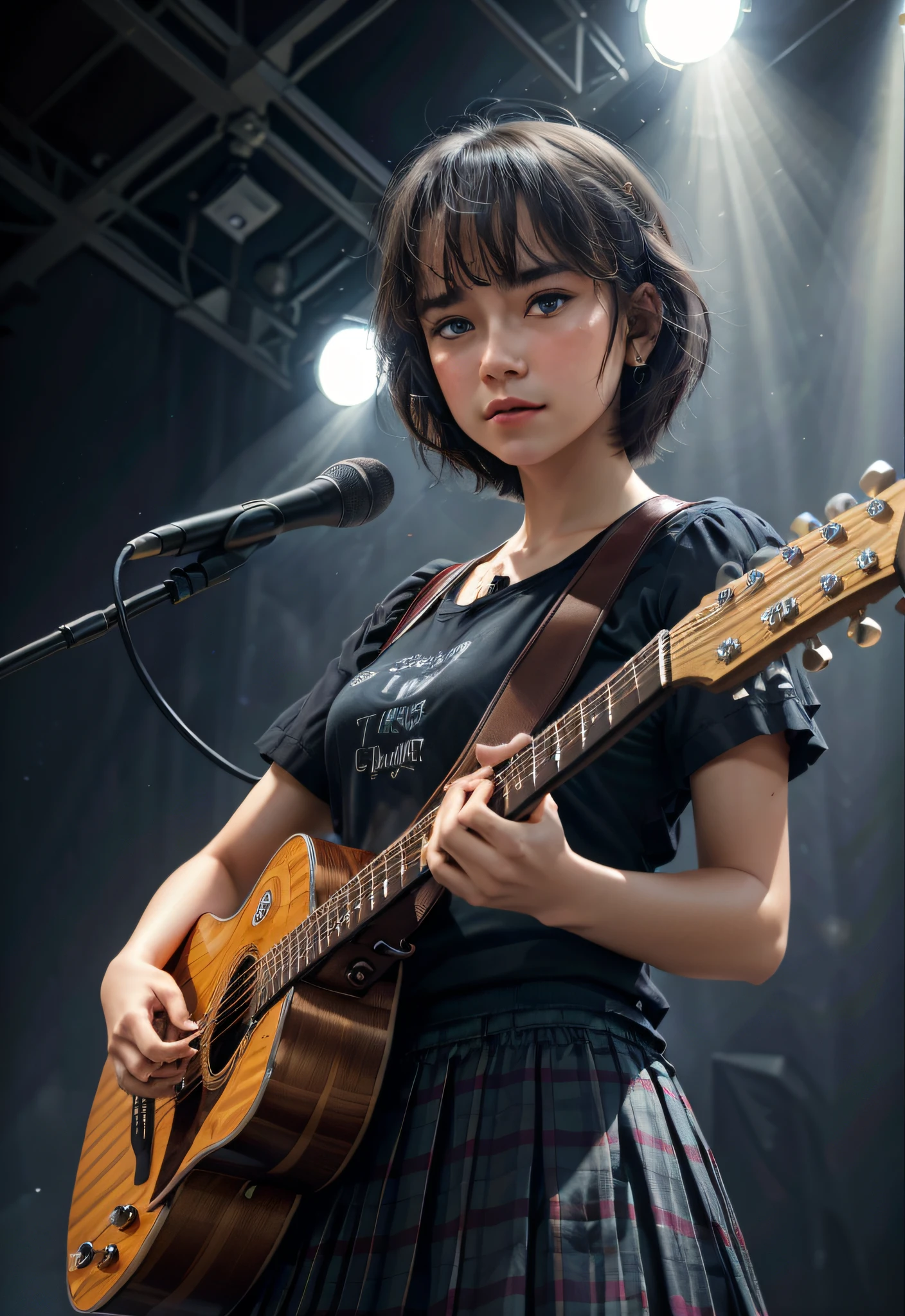 highres, shadows, absurdres, best_quality, ultra_detailed, 8k, extremely_clear, photograph, beautiful, sharp focus, hdr,
A cute pop singer with short hair and symmetrical teary eyes holds a guitar and sings into headphones, wearing a pleated skirt, with a dynamic angle, captured in a high-detailed cowboy shot, exuding a melancholy emotion, featuring soothing tones and a contrasting mix of light and shadow, all while emphasizing the subject's hair, eyes, mouth, and action in a composition that is both pleasing to the eye and thought-provoking.