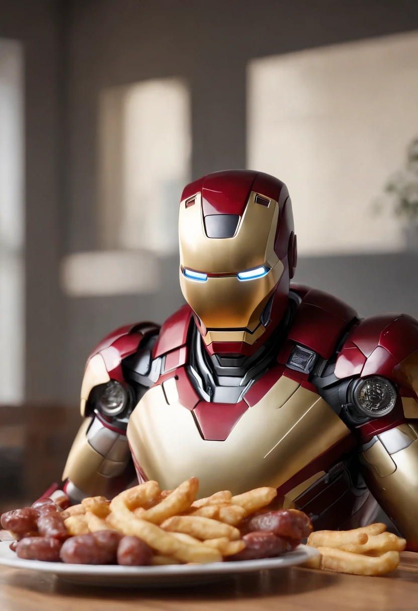Marvel's somber half-length portrait of Iron Man behind a table with a plate of salchichas en trozos acompañado de papas fritas, with intricate angular cybernetic implants within a futuristic kitchen, cyberpunk, Foto premiada, Neon lights, cybernetic limb, obra maestra, UHD, 32K, ultrarrealista, HQ 4K, Renderizado en Unreal Engine 4K HQ, Renderizado en Unreal Engine 4K HQ, Arte conceptual 4K e hiperrealismo, Renderizado 4K detallado, Ironman, ArtStation 4K, Renderizado 4K de alto detalle, Tendencias 4K en la sede de ArtStation, Extremadamente fotorrealista