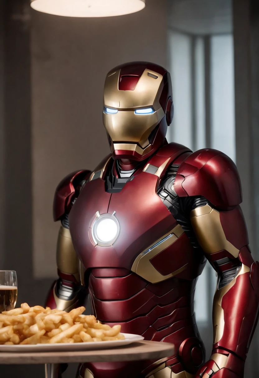 Marvel's somber half-length portrait of Iron Man behind a table with a plate of salchichas en trozos acompañado de papas fritas, with intricate angular cybernetic implants within a futuristic kitchen, cyberpunk, Foto premiada, Neon lights, cybernetic limb, obra maestra, UHD, 32K, ultrarrealista, HQ 4K, Renderizado en Unreal Engine 4K HQ, Renderizado en Unreal Engine 4K HQ, Arte conceptual 4K e hiperrealismo, Renderizado 4K detallado, Ironman, ArtStation 4K, Renderizado 4K de alto detalle, Tendencias 4K en la sede de ArtStation, Extremadamente fotorrealista